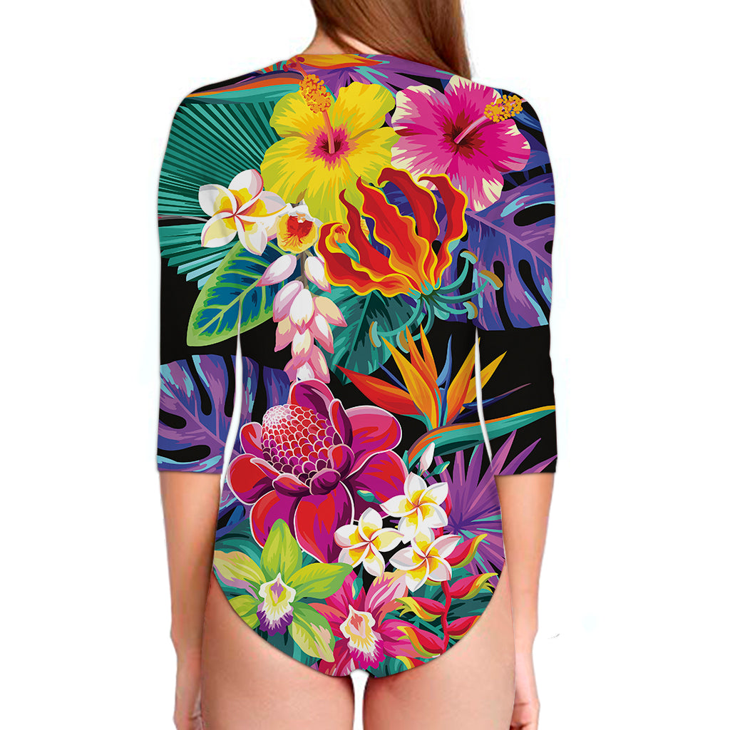 Tropical Hummingbird Print Long Sleeve Swimsuit