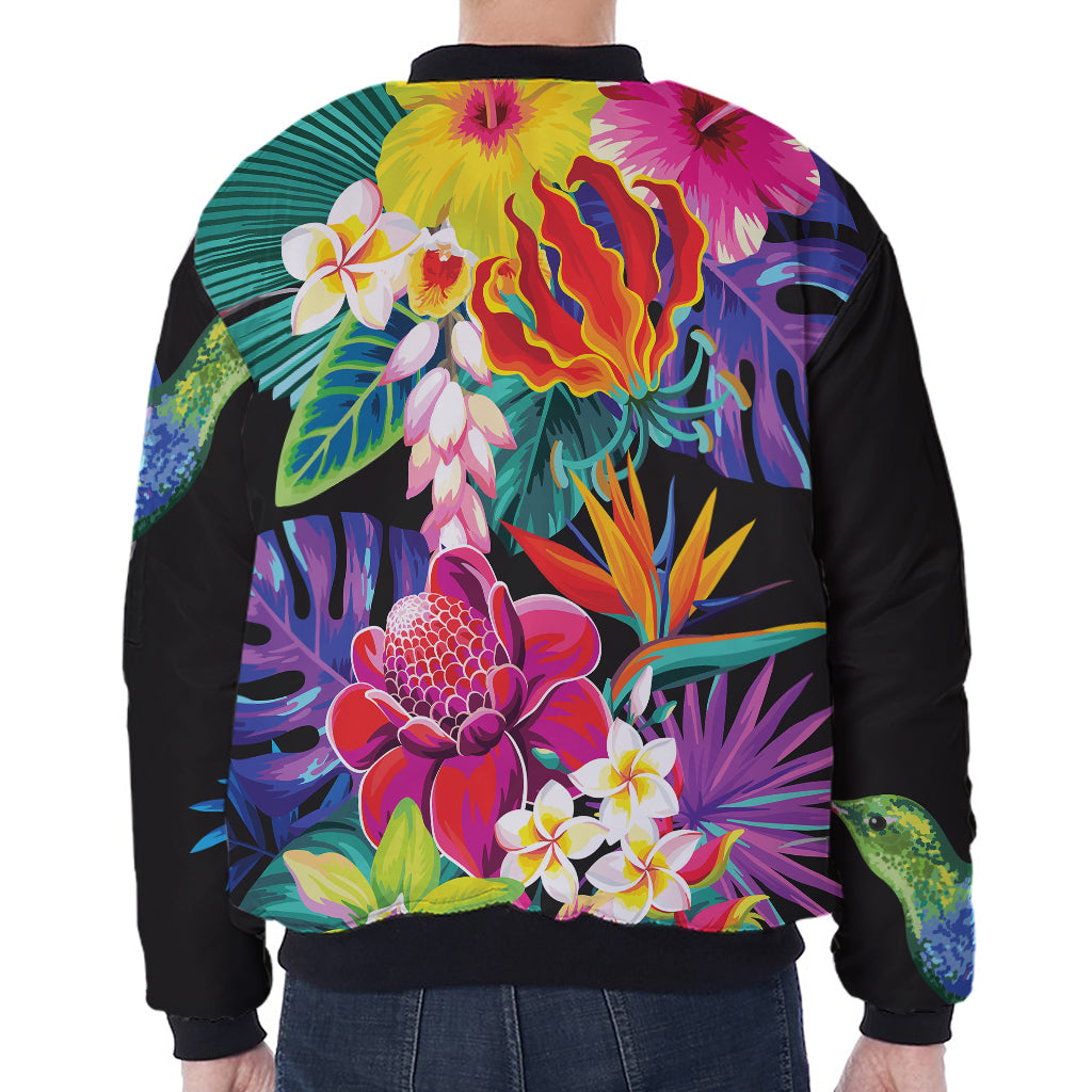 Tropical Hummingbird Print Zip Sleeve Bomber Jacket