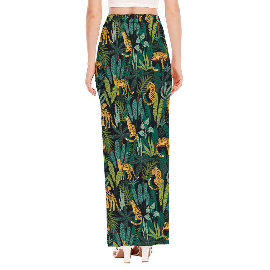 Tropical Jaguar Pattern Print High Slit Maxi Skirt