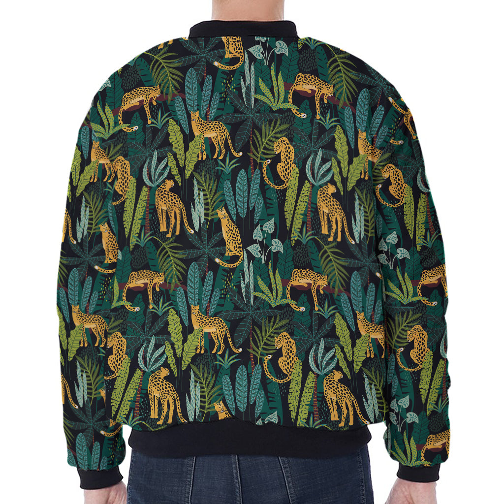 Tropical Jaguar Pattern Print Zip Sleeve Bomber Jacket