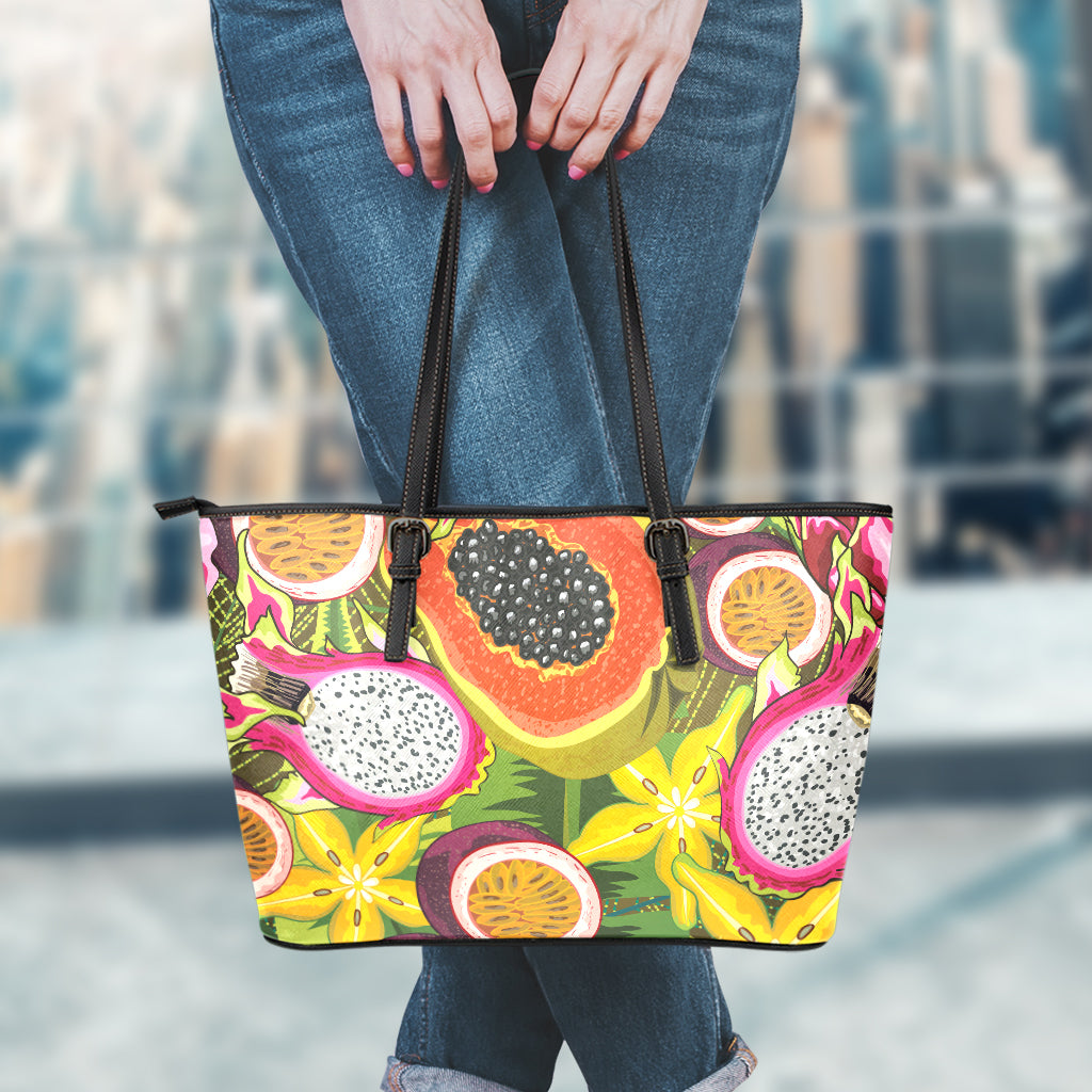 Tropical Jungle Fruits Pattern Print Leather Tote Bag