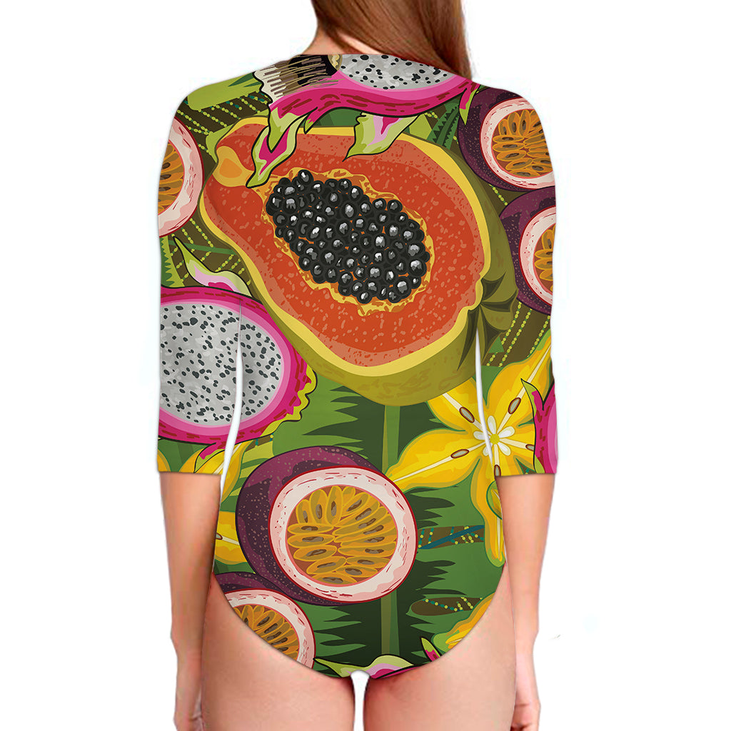 Tropical Jungle Fruits Pattern Print Long Sleeve Swimsuit