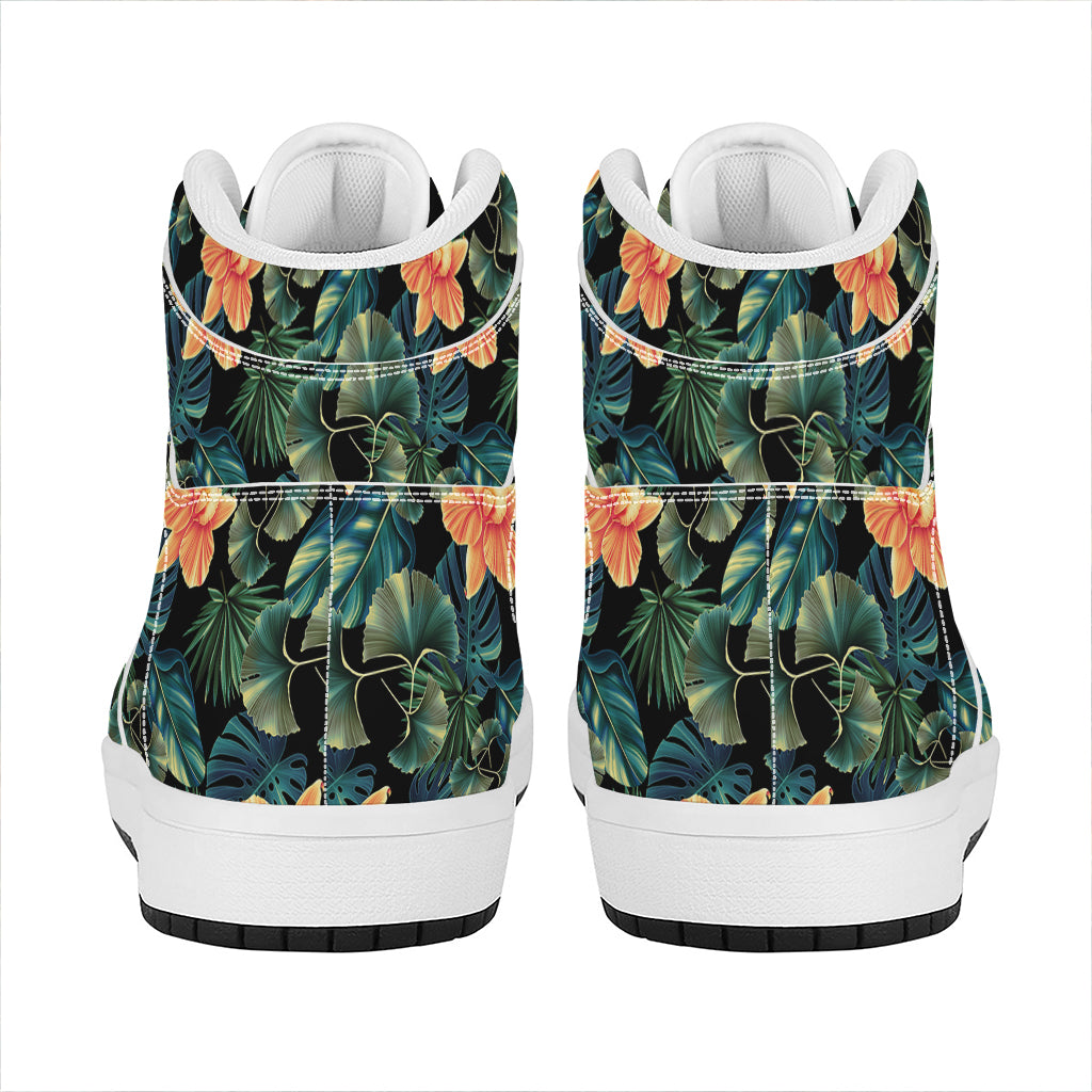 Tropical Leaf And Hawaiian Flower Print High Top Leather Sneakers