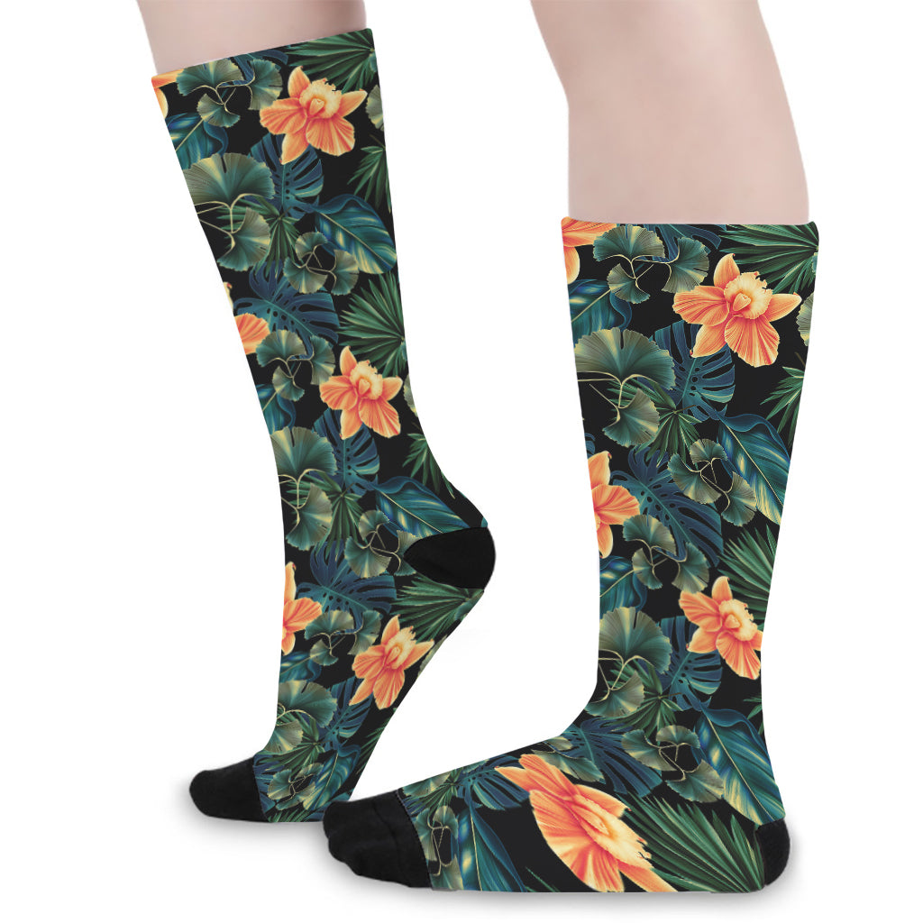 Tropical Leaf And Hawaiian Flower Print Long Socks