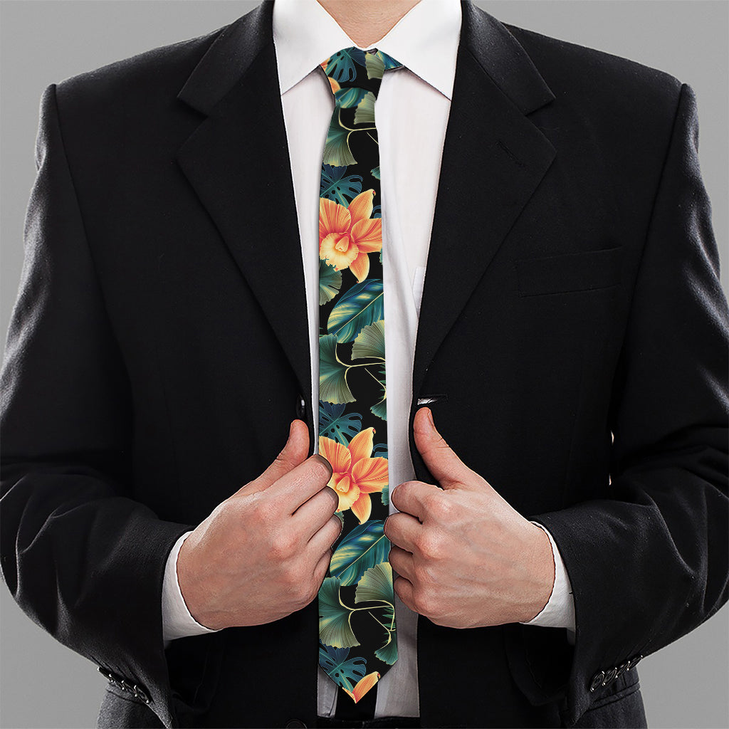 Tropical Leaf And Hawaiian Flower Print Necktie