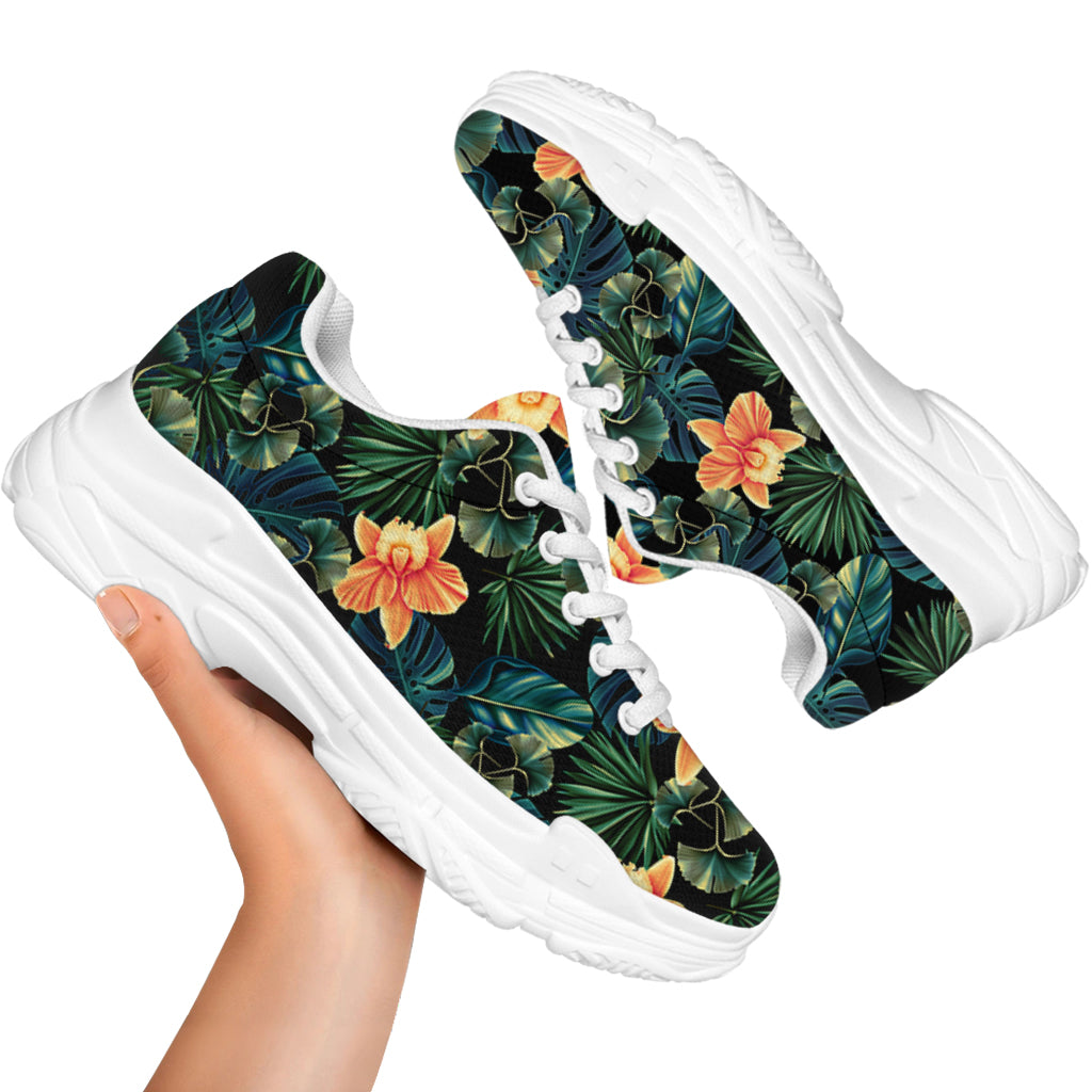 Tropical Leaf And Hawaiian Flower Print White Chunky Shoes