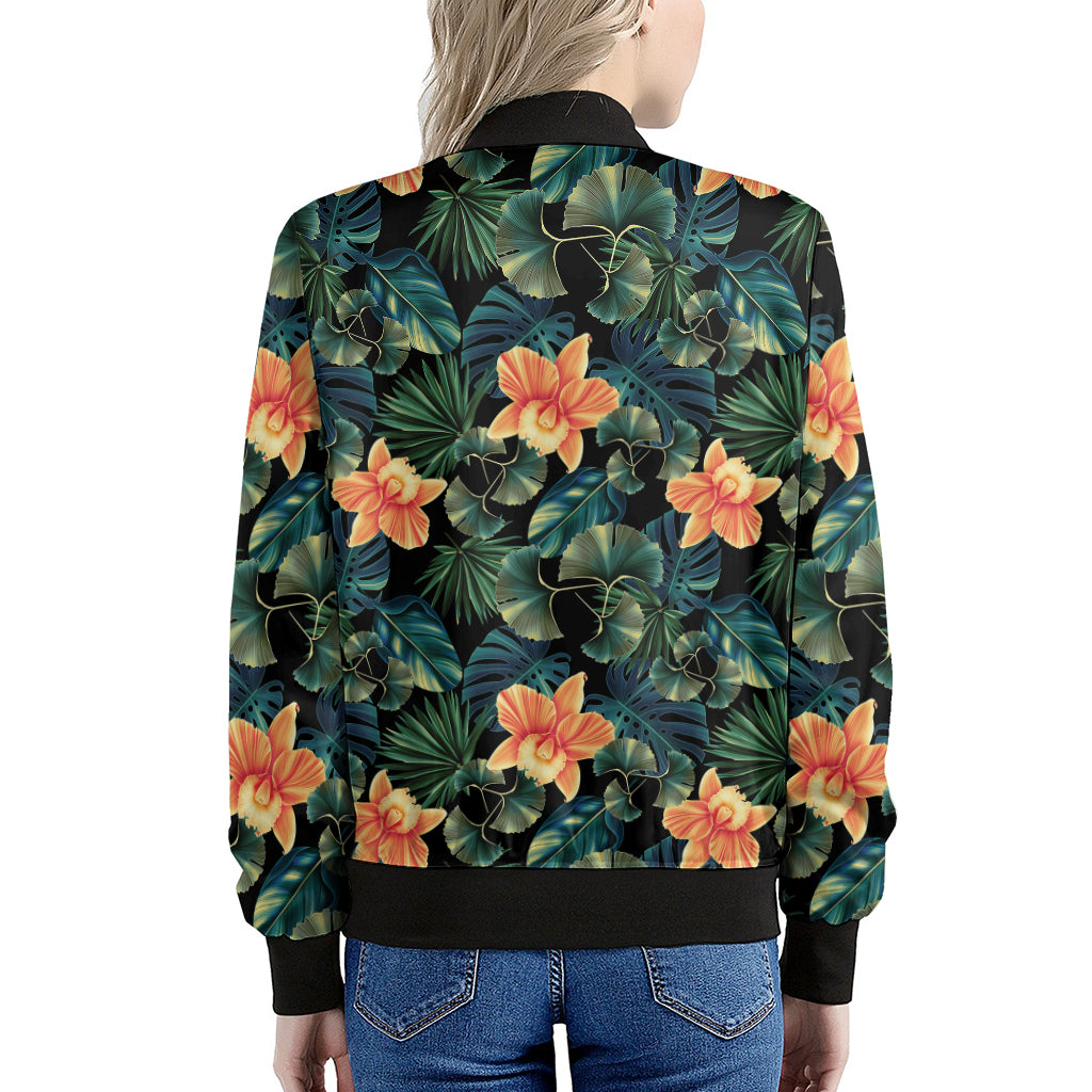 Tropical Leaf And Hawaiian Flower Print Women's Bomber Jacket