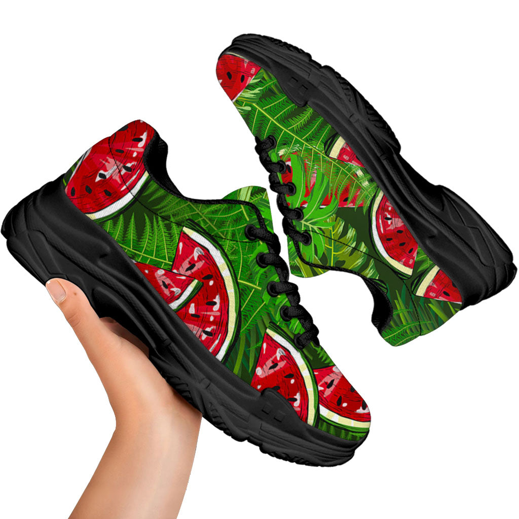 Tropical Leaf Watermelon Pattern Print Black Chunky Shoes