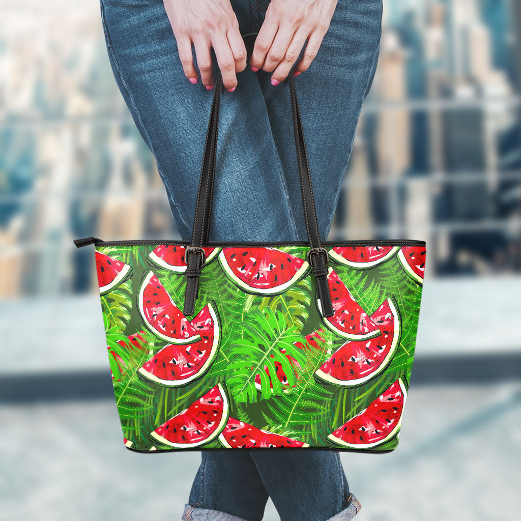 Tropical Leaf Watermelon Pattern Print Leather Tote Bag