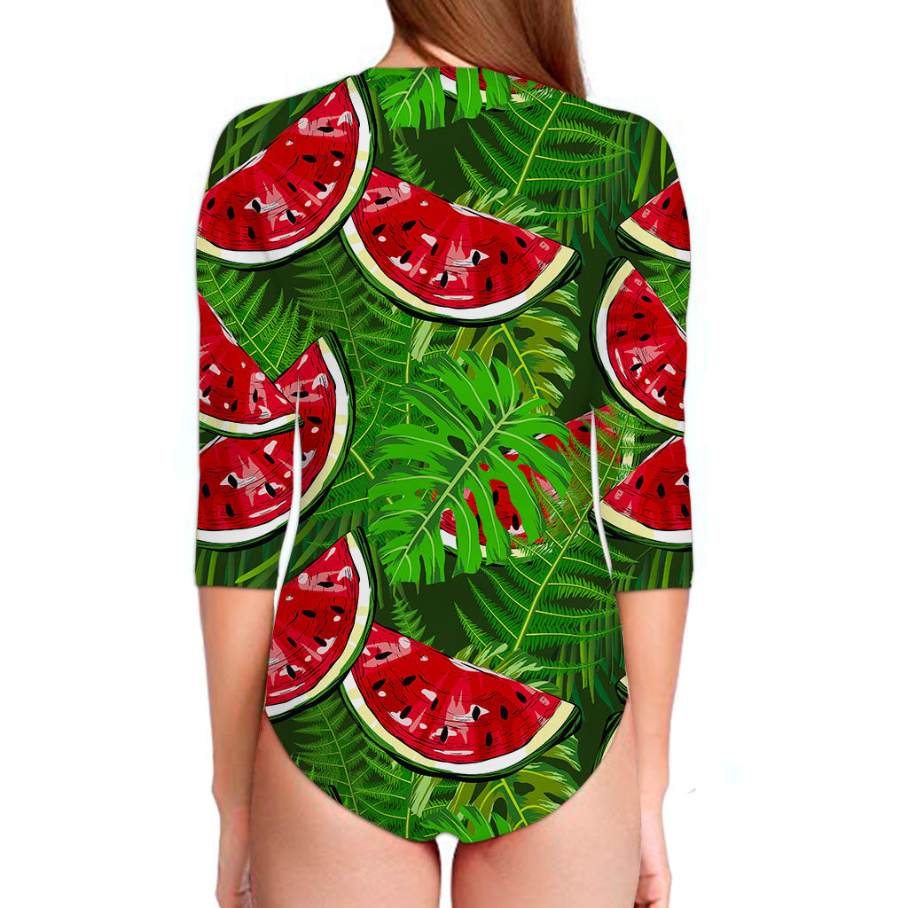 Tropical Leaf Watermelon Pattern Print Long Sleeve Swimsuit