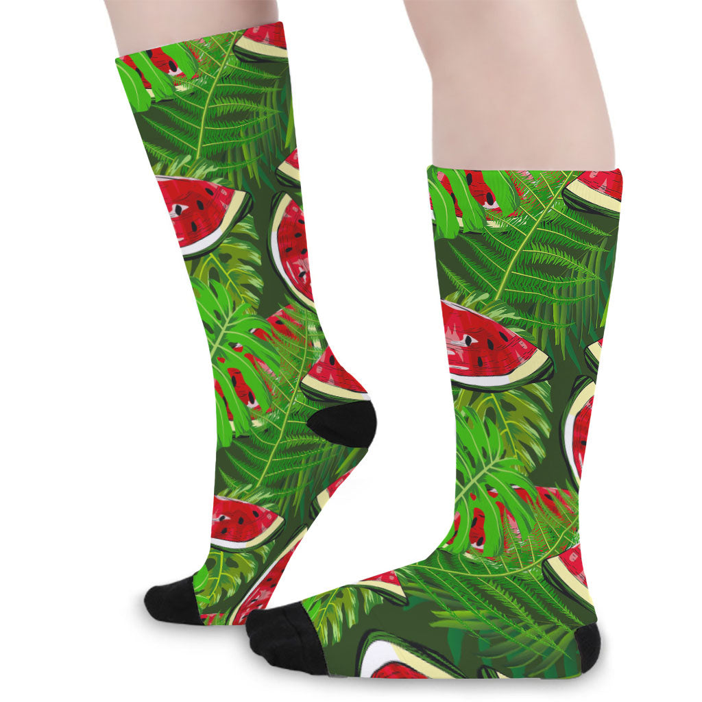 Tropical Leaf Watermelon Pattern Print Long Socks