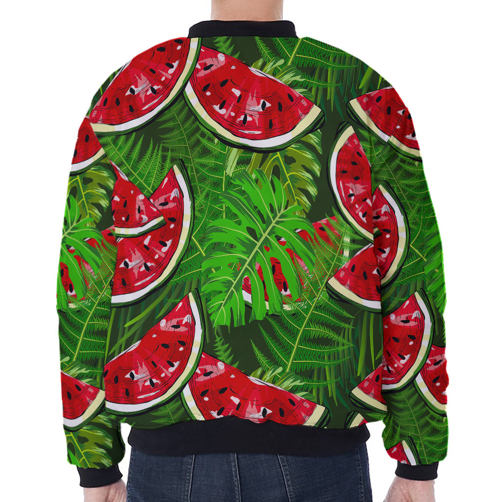 Tropical Leaf Watermelon Pattern Print Zip Sleeve Bomber Jacket