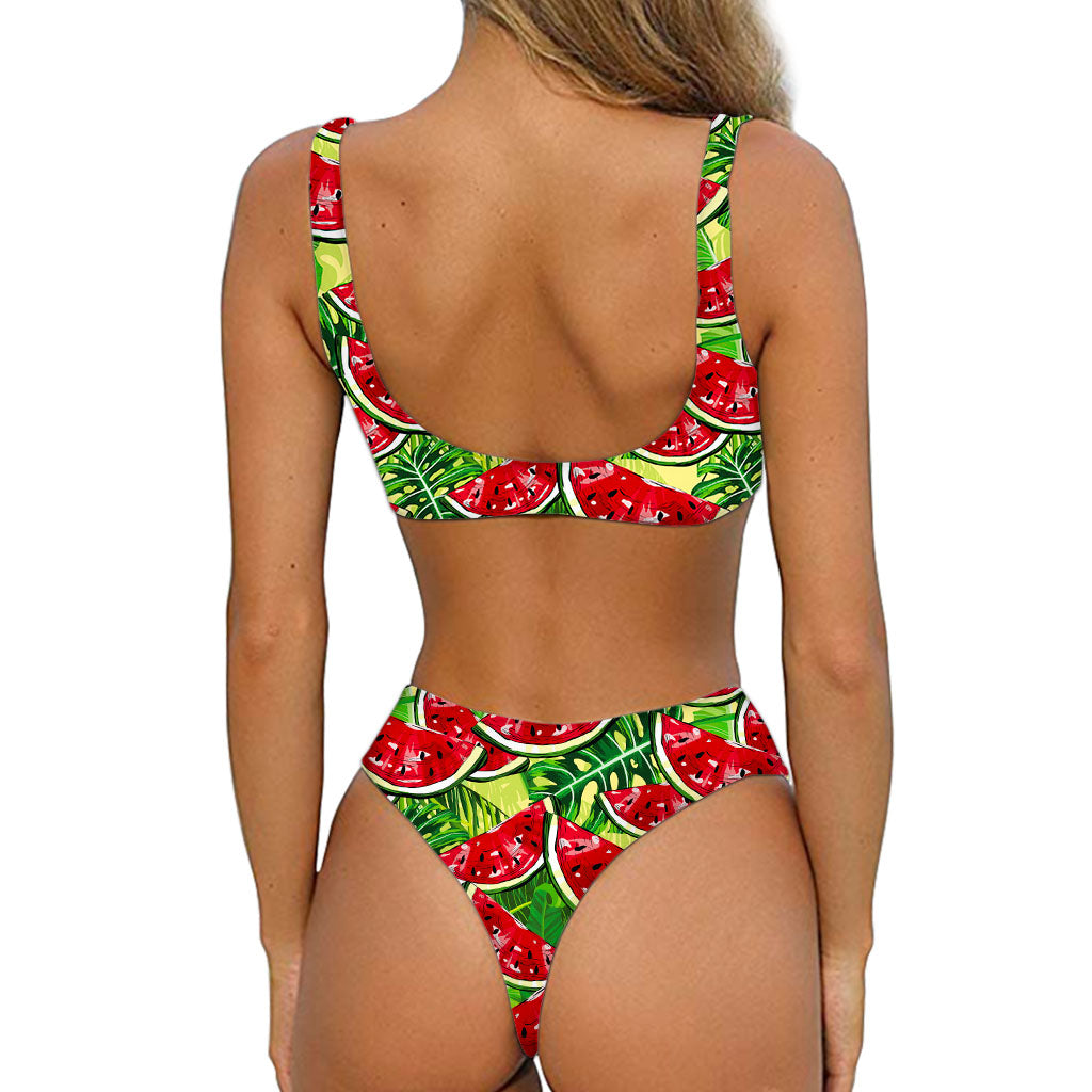 Tropical Leaves Watermelon Pattern Print Front Bow Tie Bikini