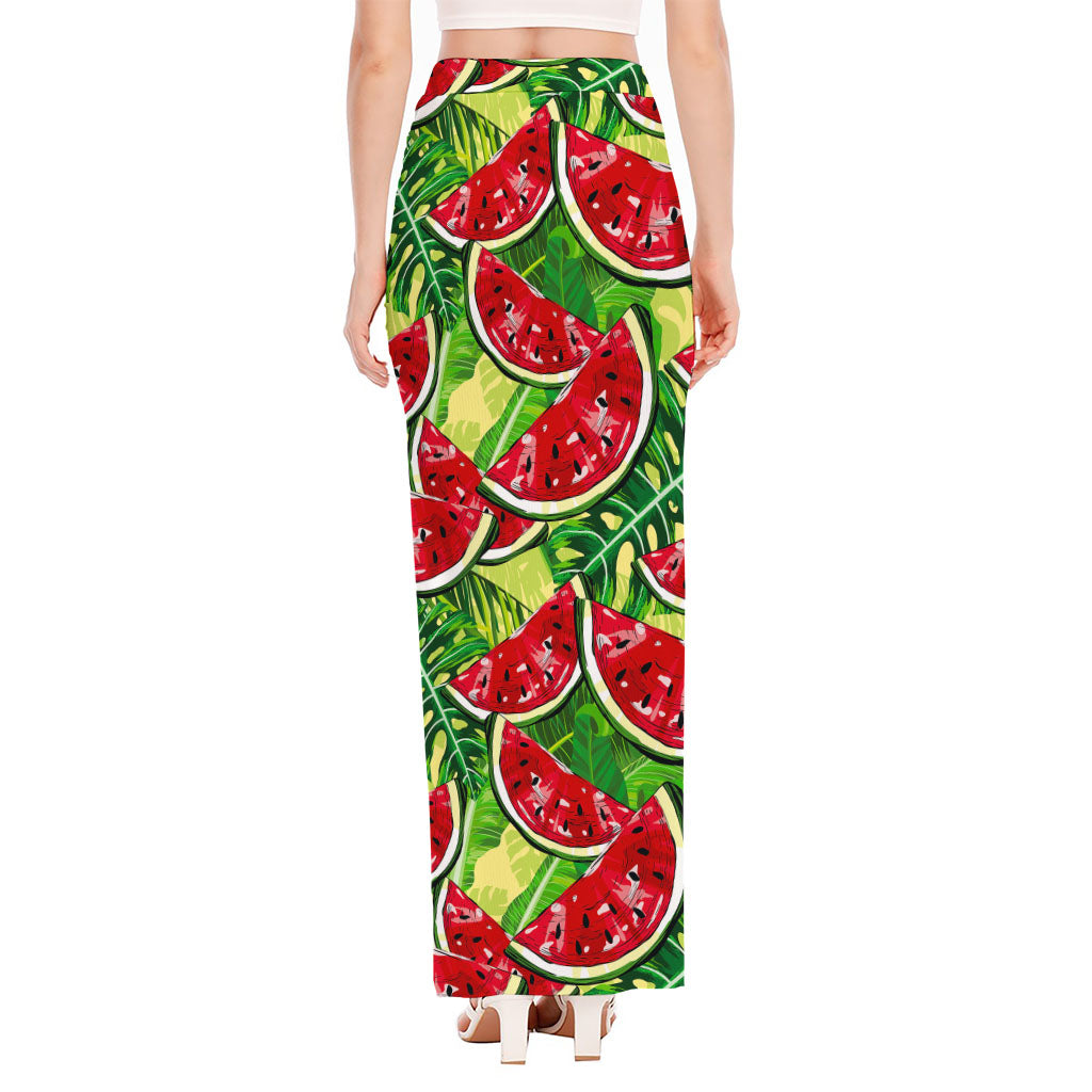 Tropical Leaves Watermelon Pattern Print High Slit Maxi Skirt
