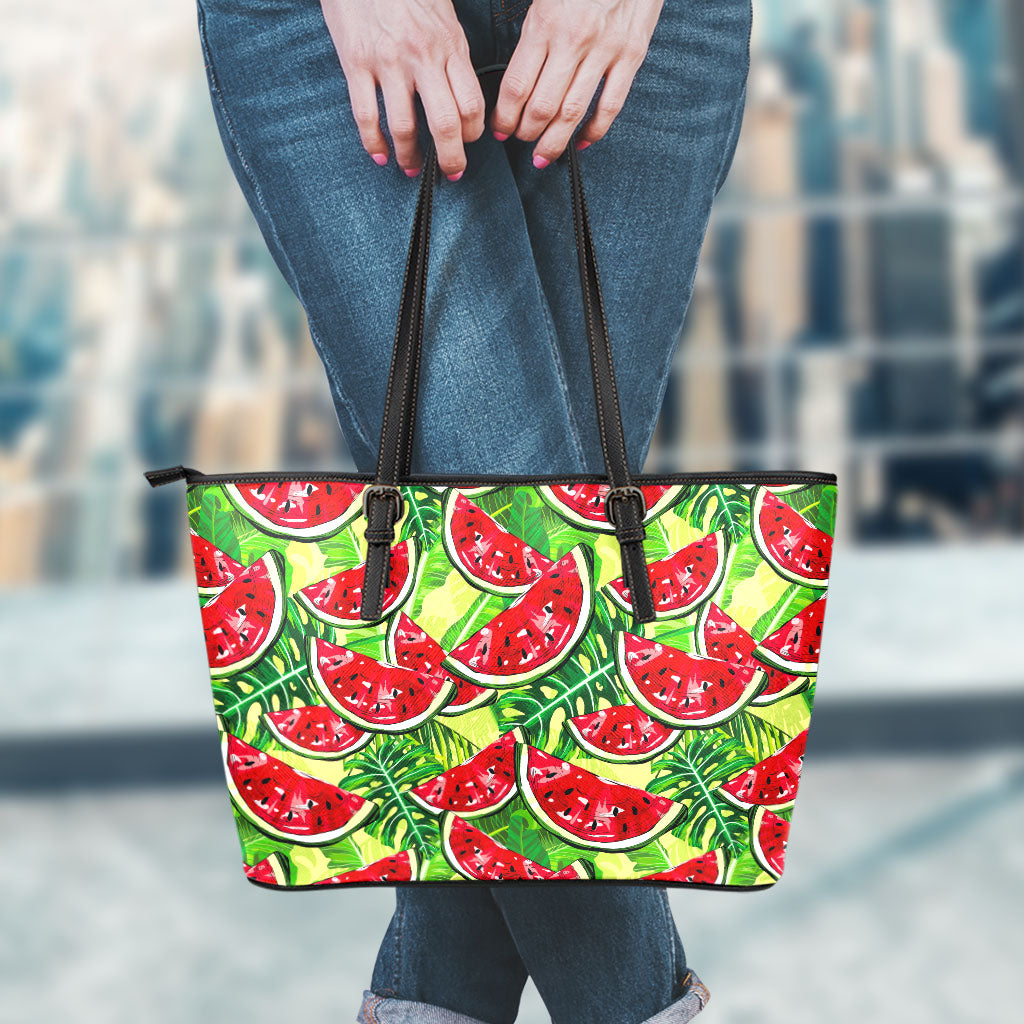 Tropical Leaves Watermelon Pattern Print Leather Tote Bag