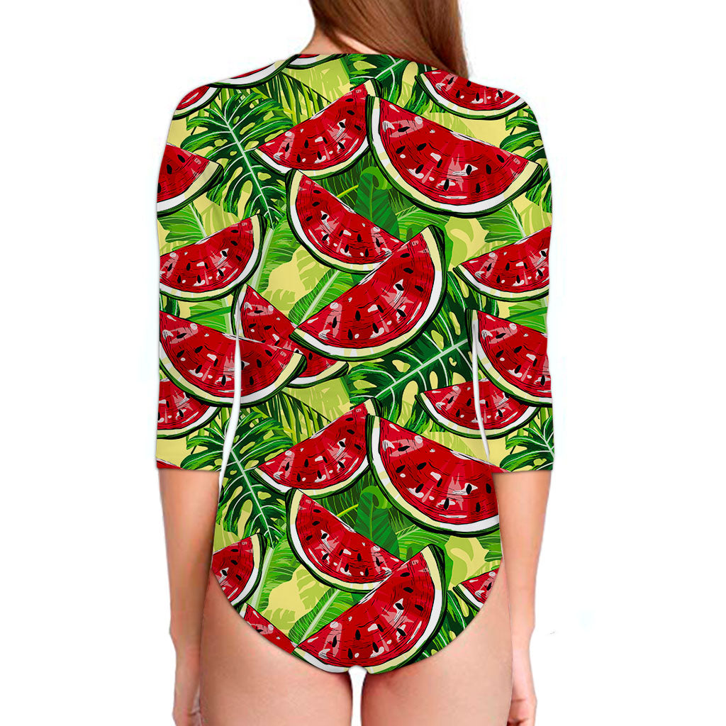 Tropical Leaves Watermelon Pattern Print Long Sleeve Swimsuit