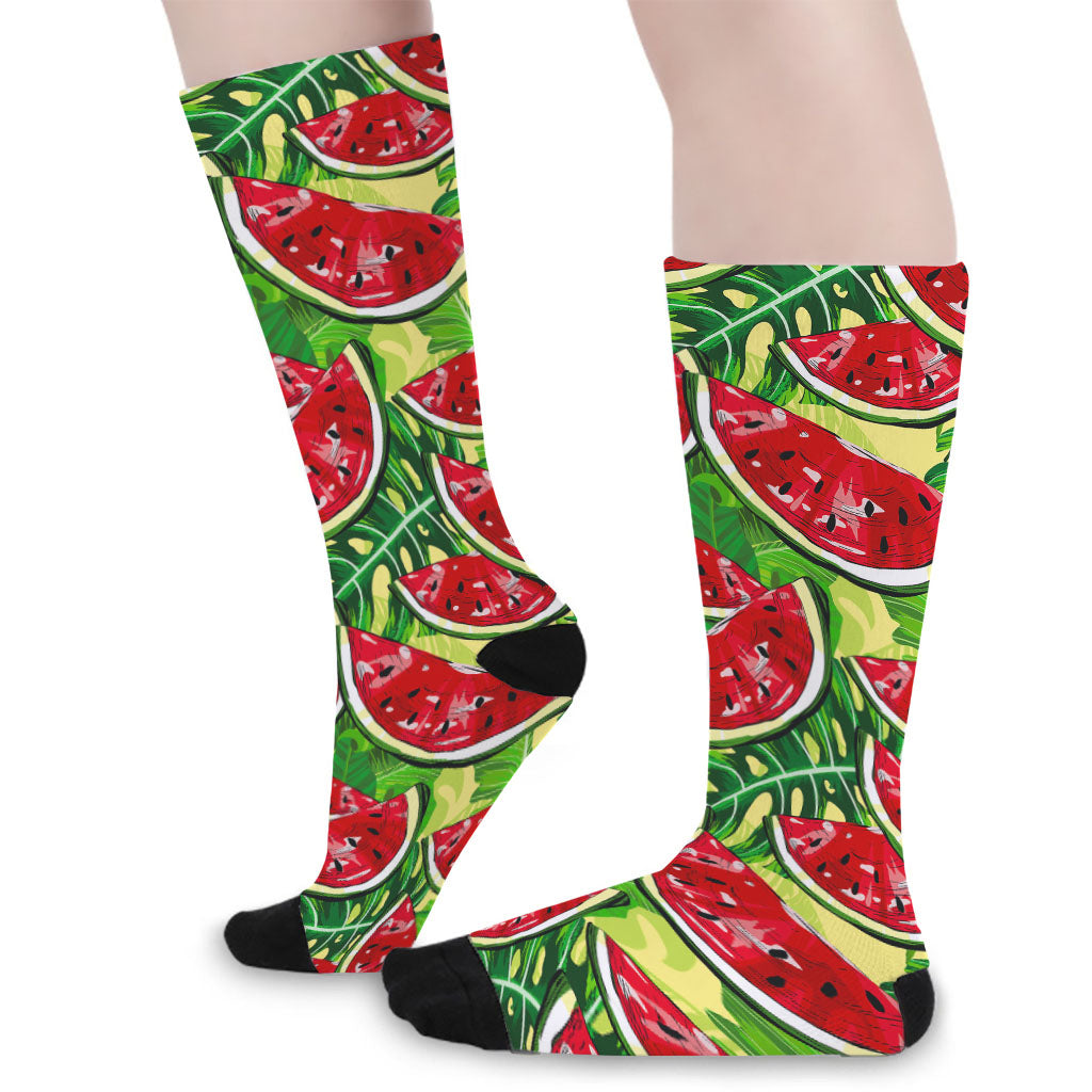 Tropical Leaves Watermelon Pattern Print Long Socks
