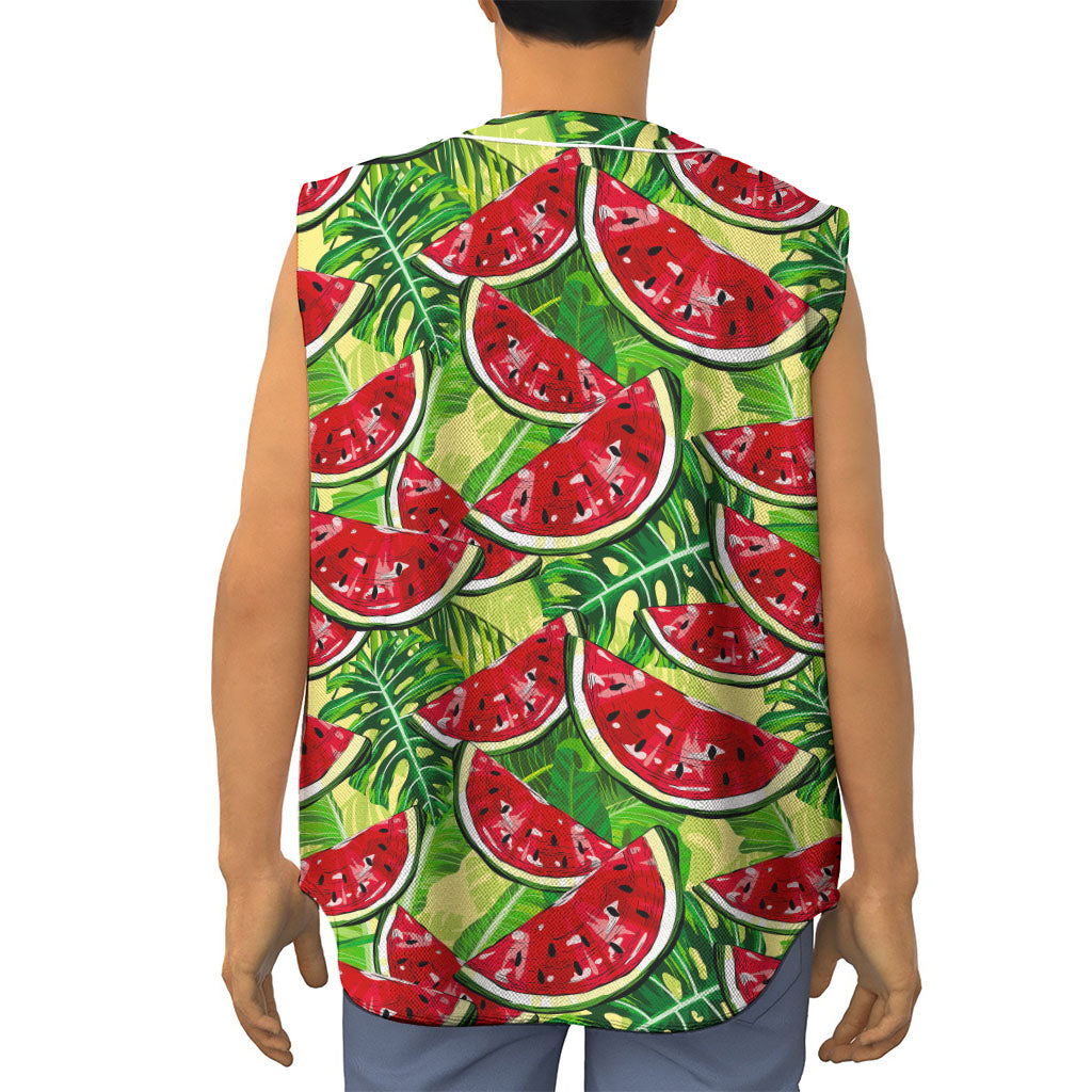 Tropical Leaves Watermelon Pattern Print Sleeveless Baseball Jersey
