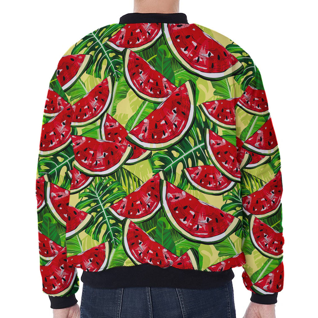 Tropical Leaves Watermelon Pattern Print Zip Sleeve Bomber Jacket