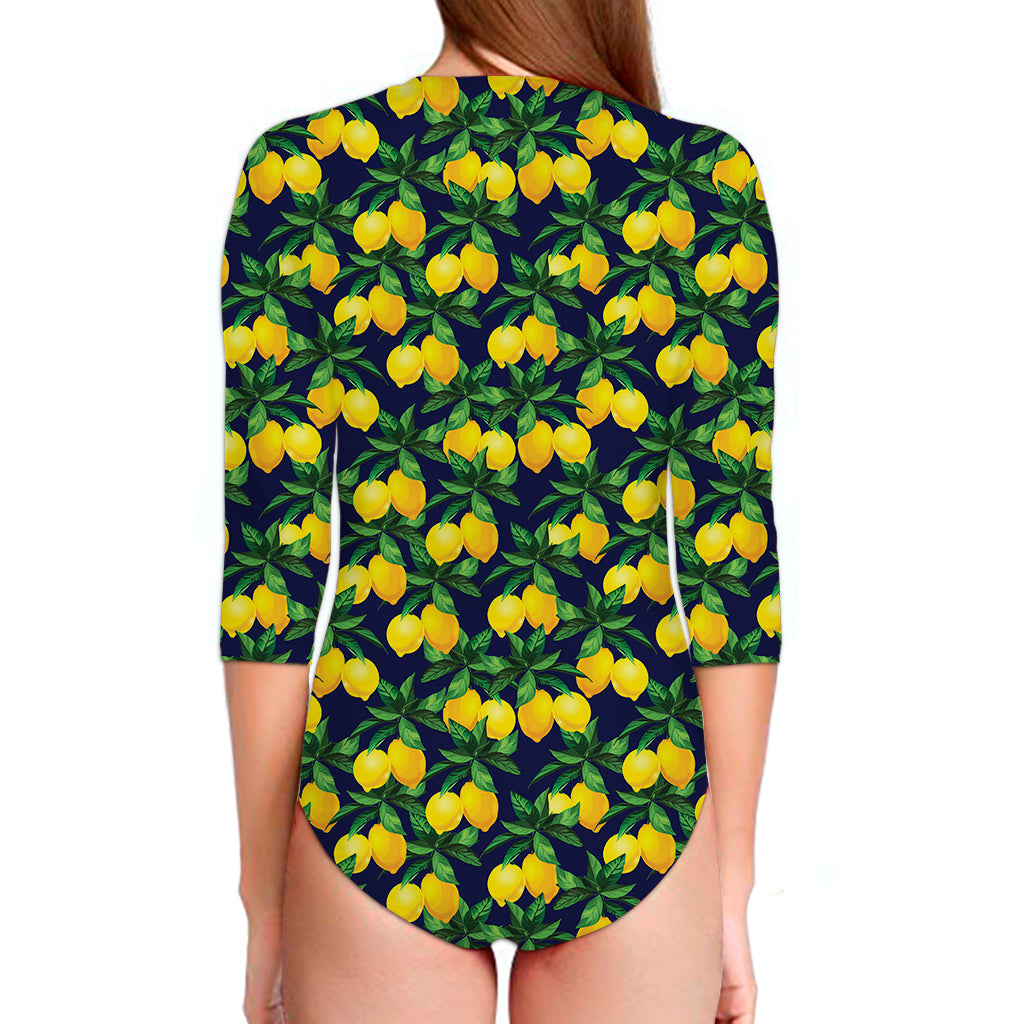 Tropical Lemon Pattern Print Long Sleeve Swimsuit