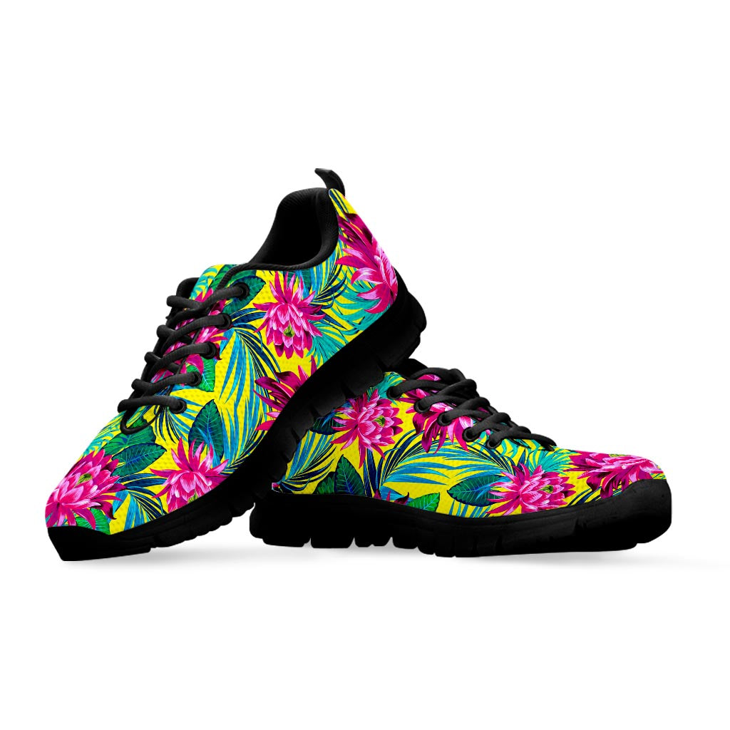 Tropical Lotus Pattern Print Black Running Shoes