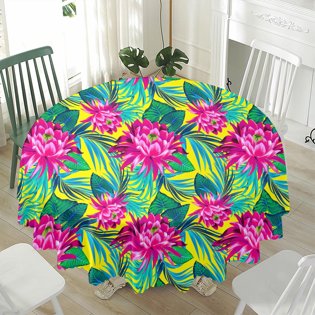 Tropical Lotus Pattern Print Waterproof Round Tablecloth