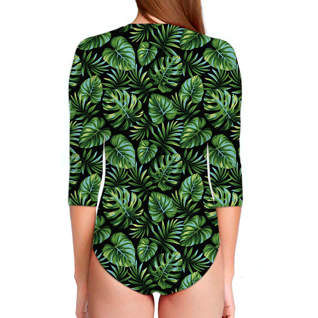 Tropical Monstera Leaves Pattern Print Long Sleeve Swimsuit