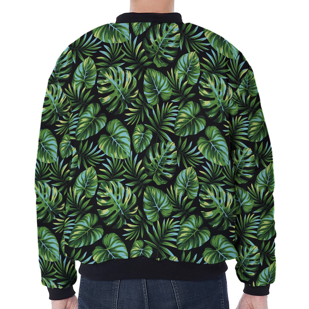 Tropical Monstera Leaves Pattern Print Zip Sleeve Bomber Jacket