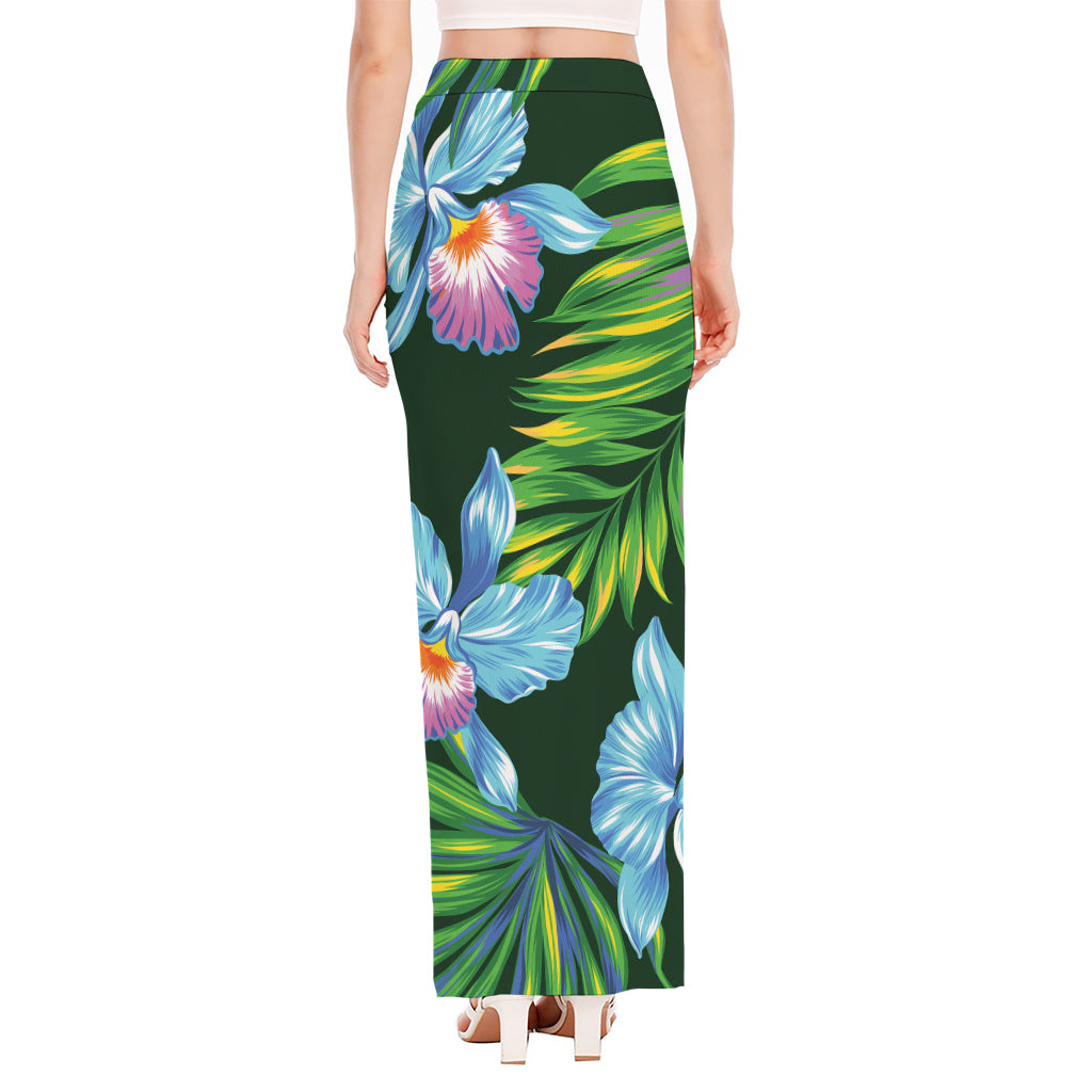 Tropical Orchid Flower Pattern Print High Slit Maxi Skirt