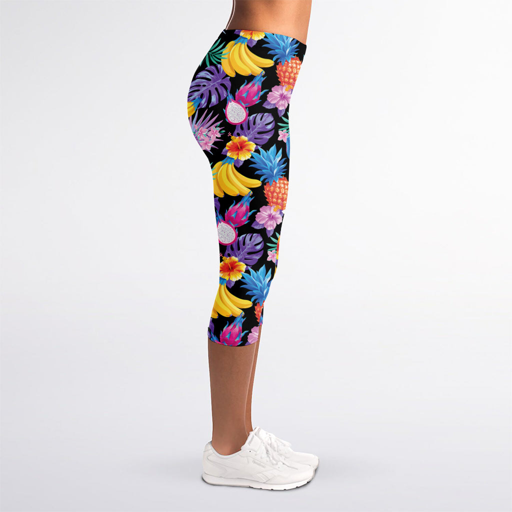 Tropical Palm And Hawaiian Fruits Print Women's Capri Leggings