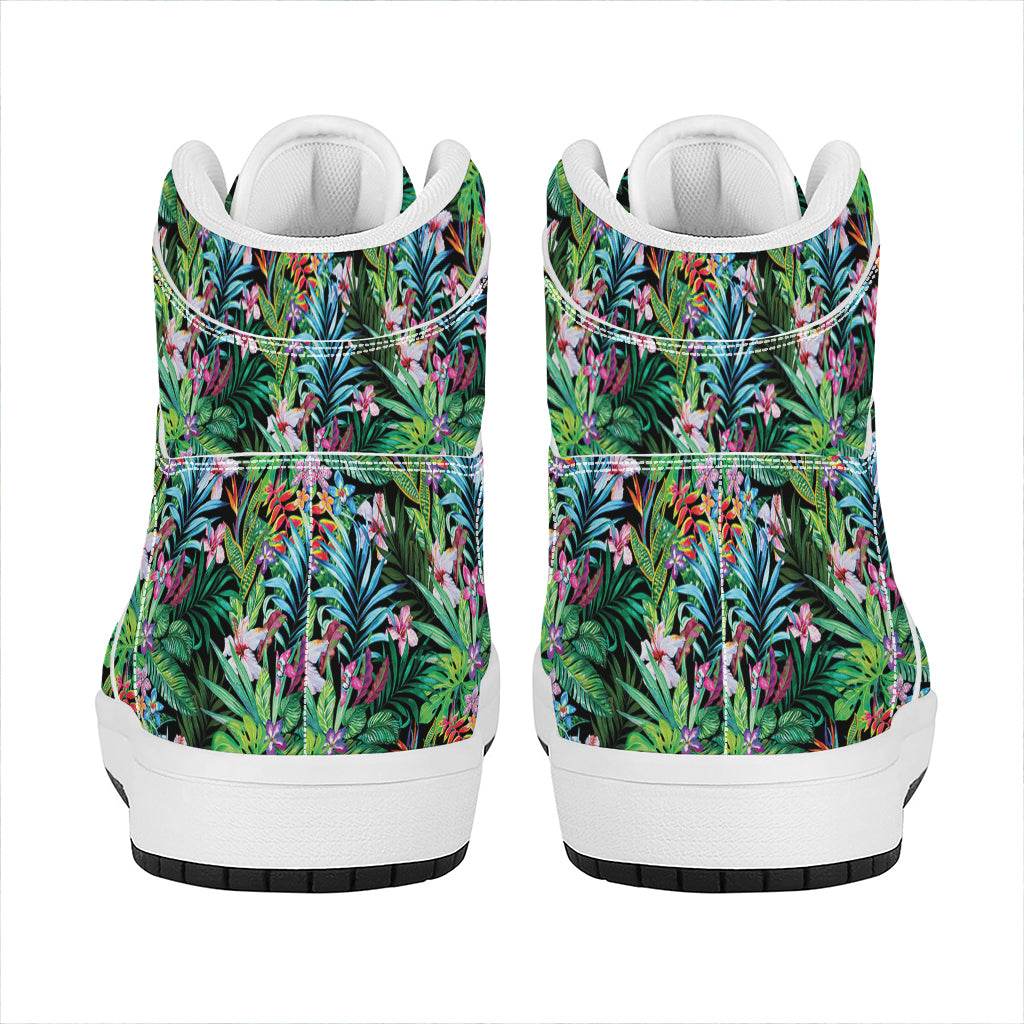 Tropical Palm And Hibiscus Print High Top Leather Sneakers