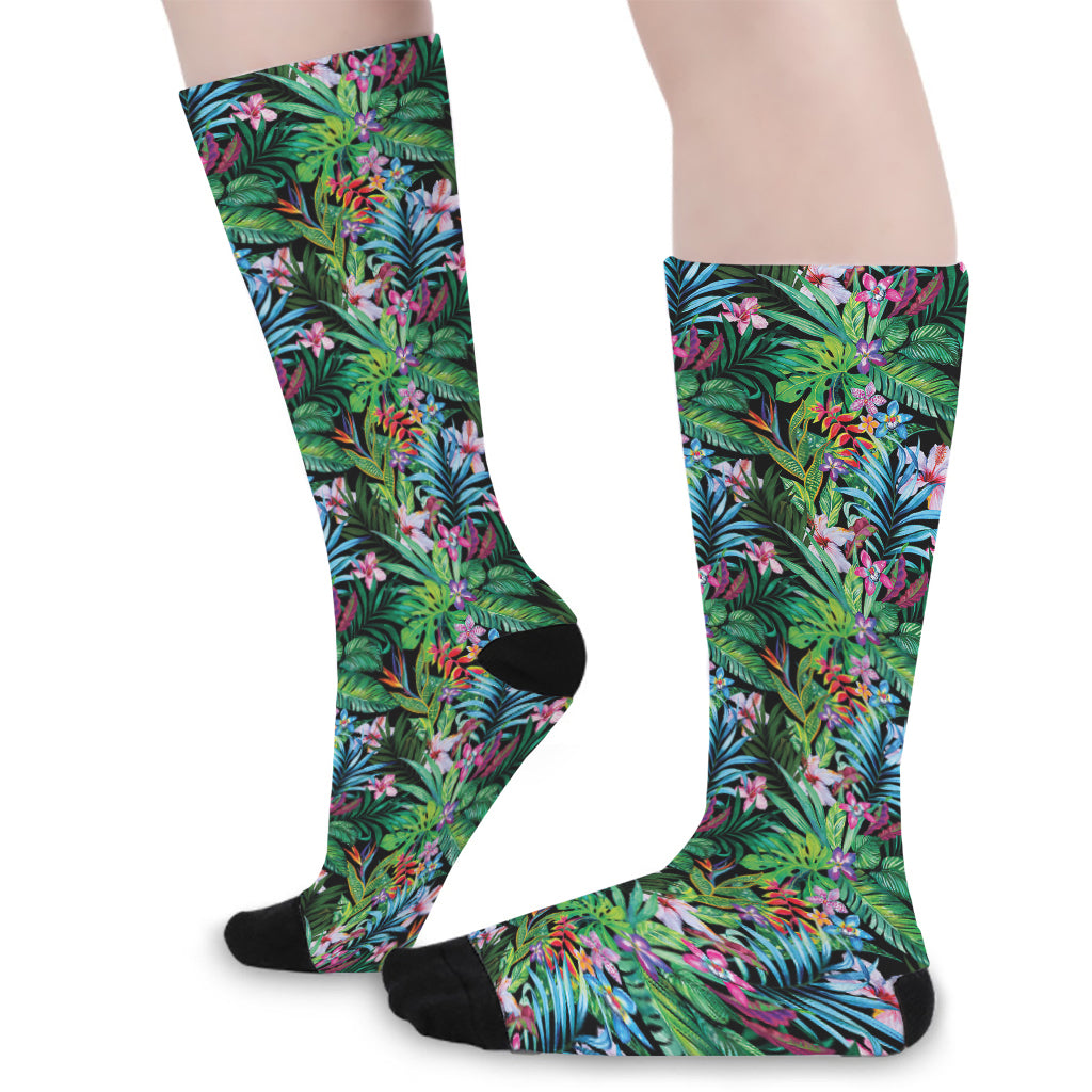 Tropical Palm And Hibiscus Print Long Socks