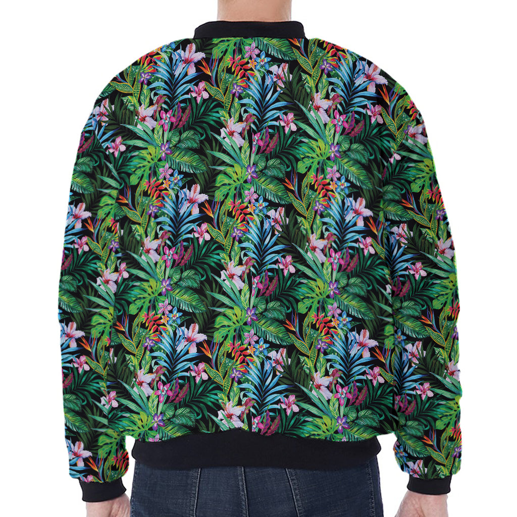 Tropical Palm And Hibiscus Print Zip Sleeve Bomber Jacket