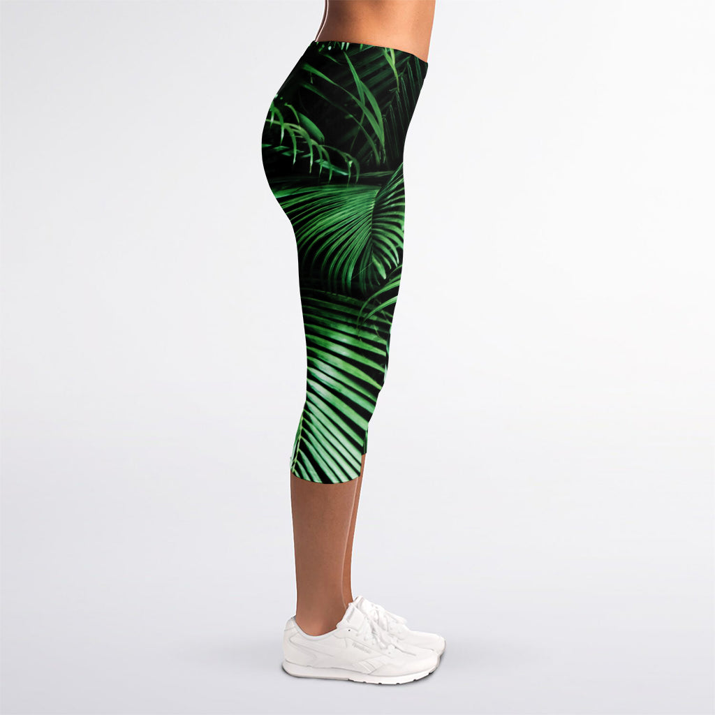 Tropical Palm Leaf Print Women's Capri Leggings