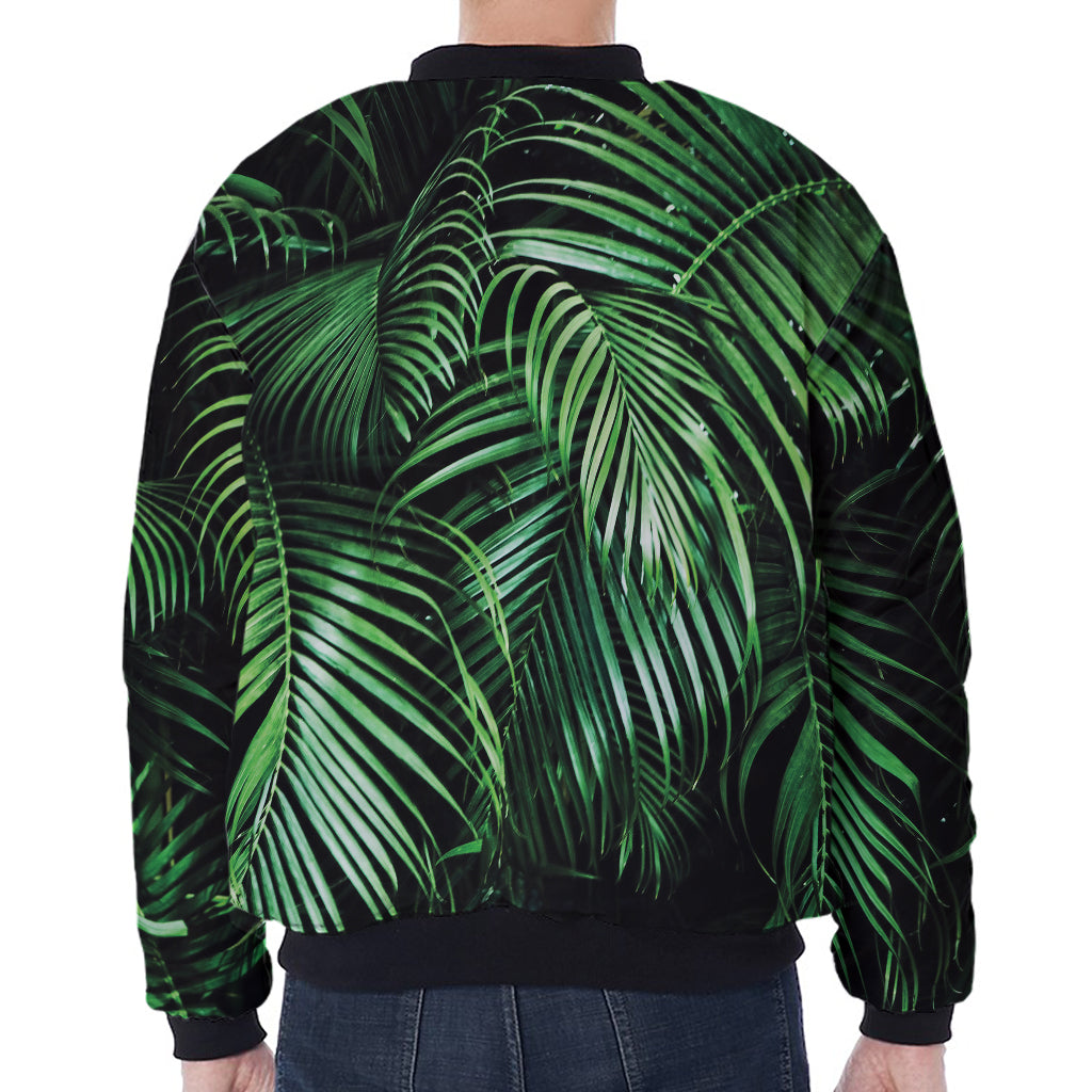 Tropical Palm Leaf Print Zip Sleeve Bomber Jacket
