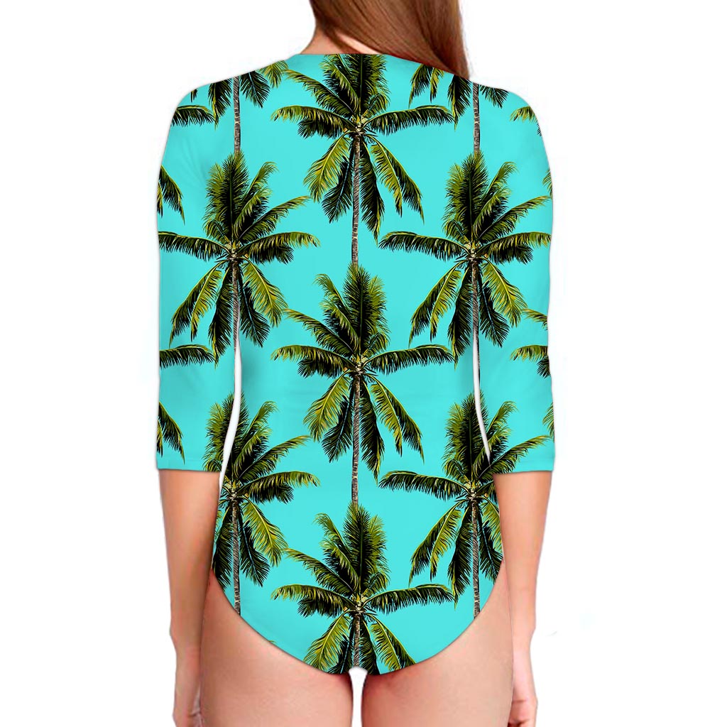 Tropical Palm Tree Pattern Print Long Sleeve Swimsuit