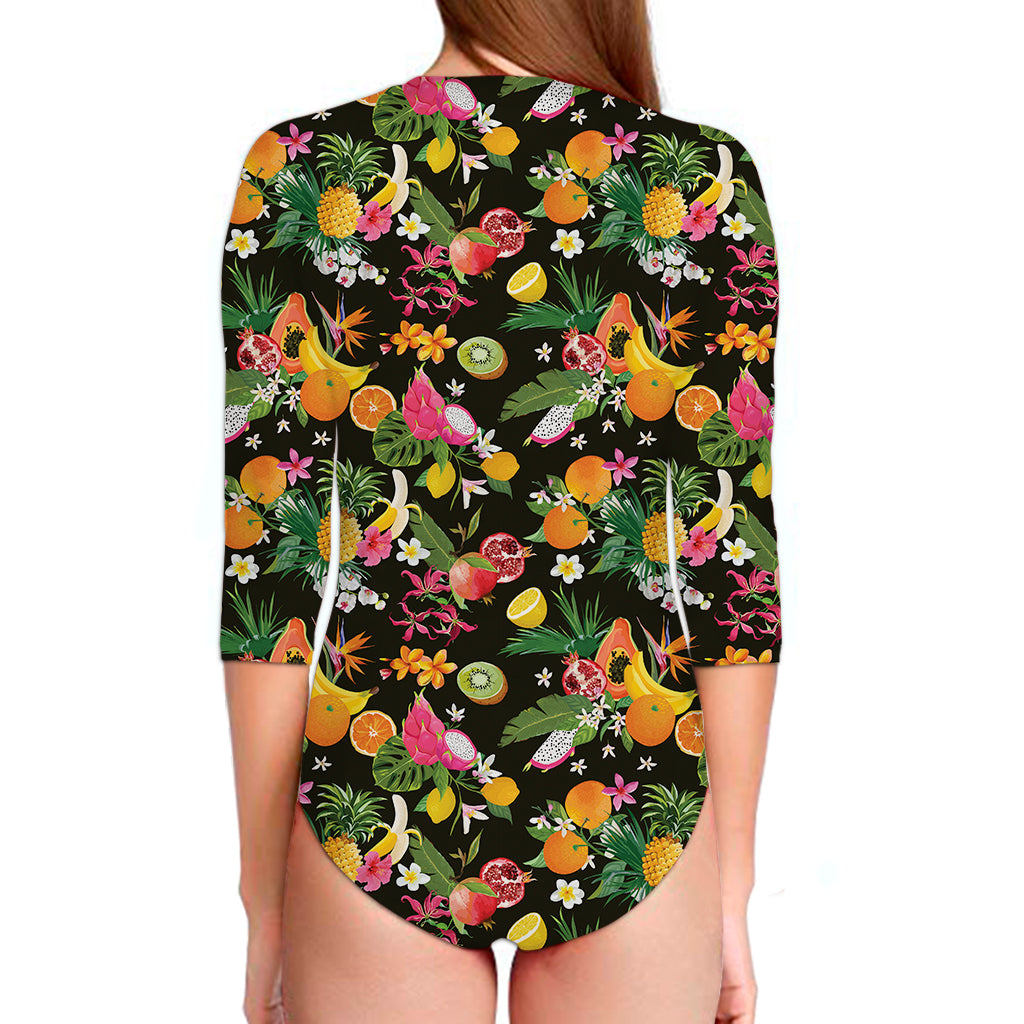Tropical Paradise Fruits Pattern Print Long Sleeve Swimsuit