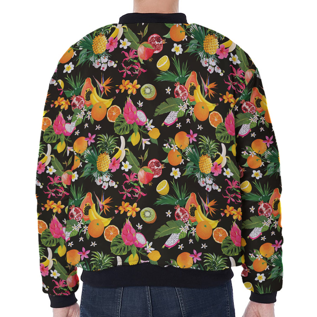 Tropical Paradise Fruits Pattern Print Zip Sleeve Bomber Jacket