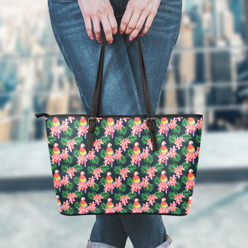 Tropical Parrot Pattern Print Leather Tote Bag
