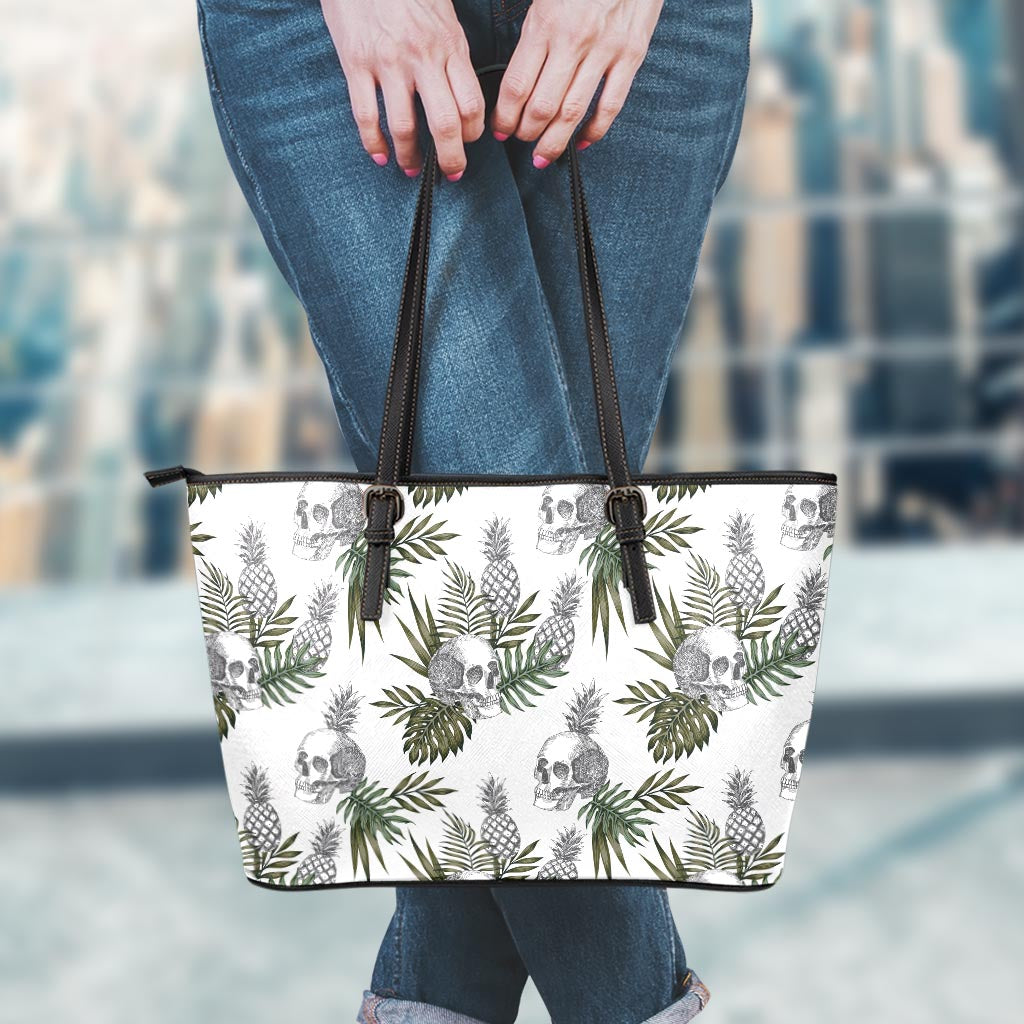 Tropical Pineapple Skull Pattern Print Leather Tote Bag