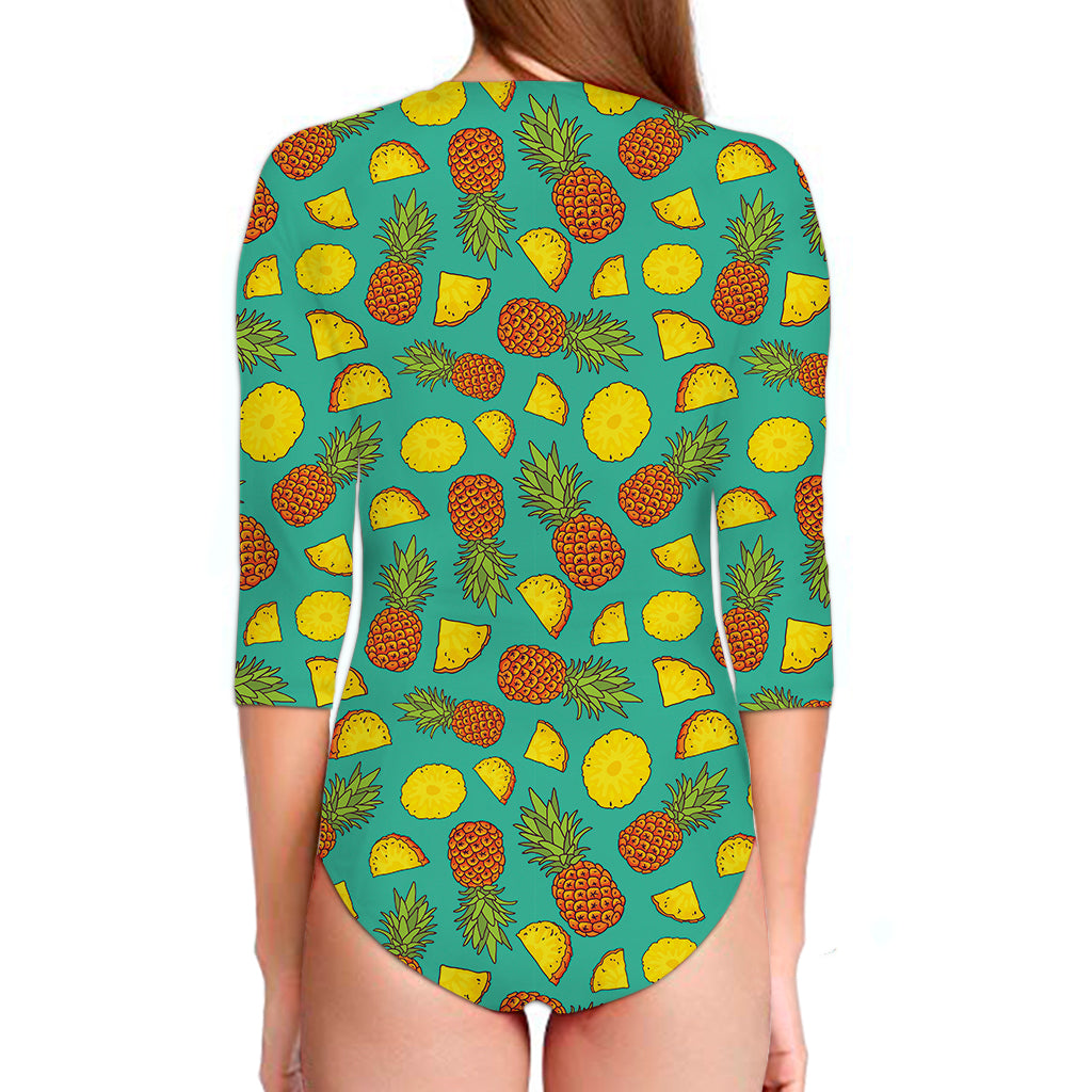Tropical Pineapples Pattern Print Long Sleeve Swimsuit