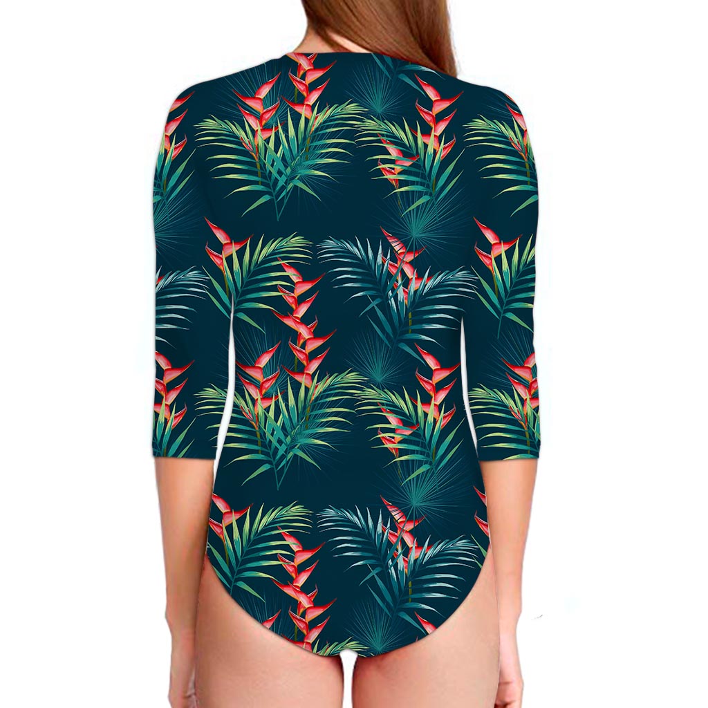 Tropical Plants Hawaii Pattern Print Long Sleeve Swimsuit