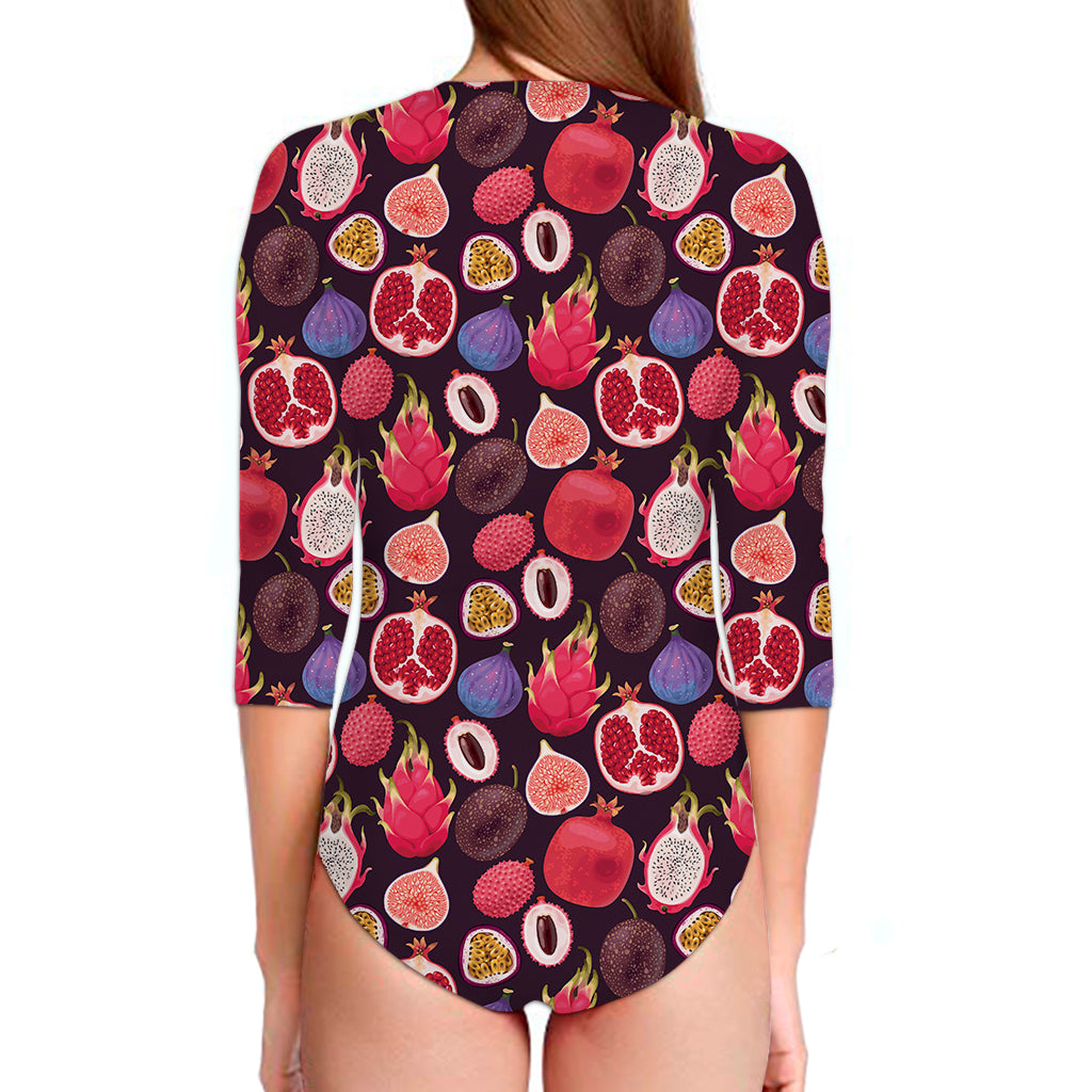 Tropical Summer Fruits Pattern Print Long Sleeve Swimsuit