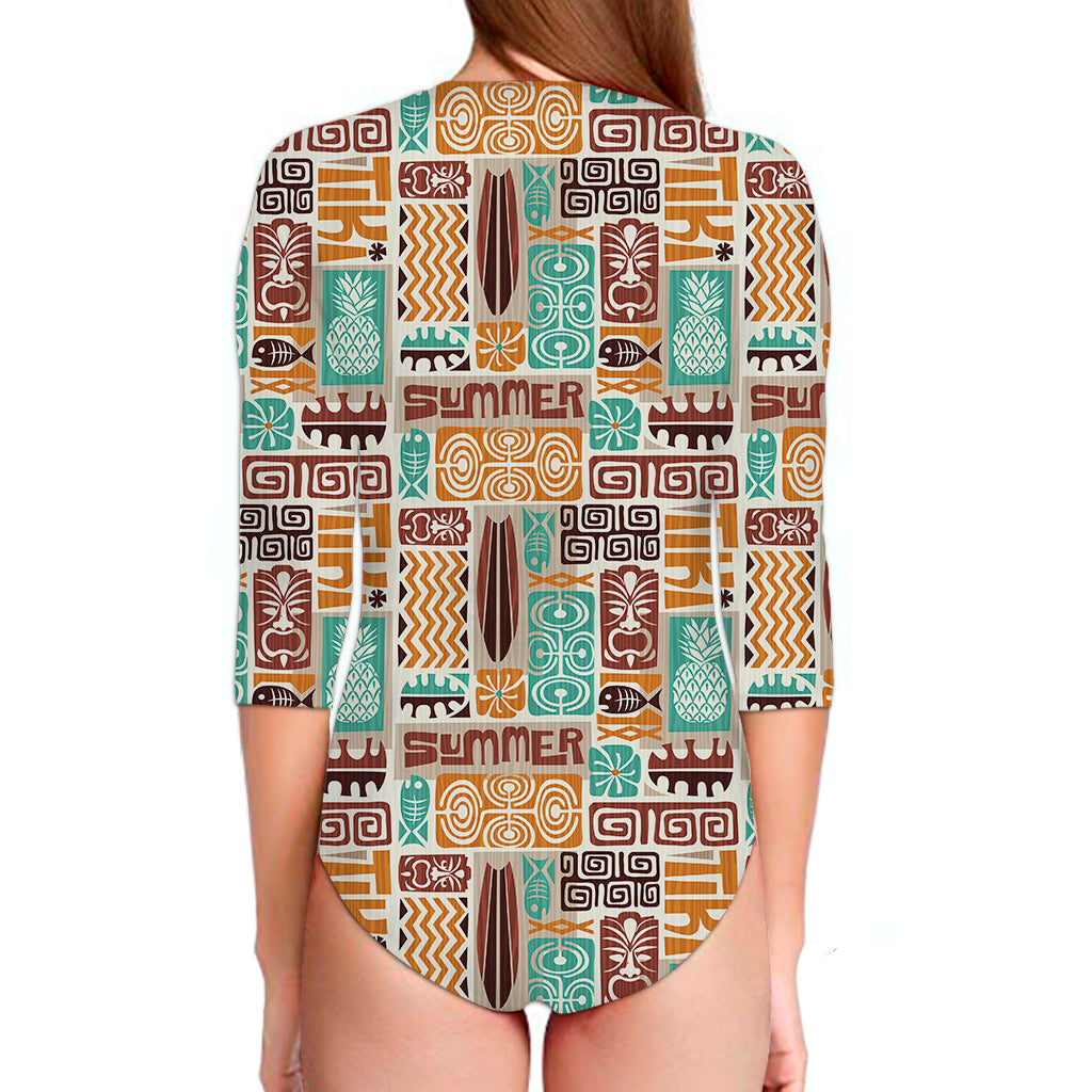 Tropical Tiki Pattern Print Long Sleeve Swimsuit