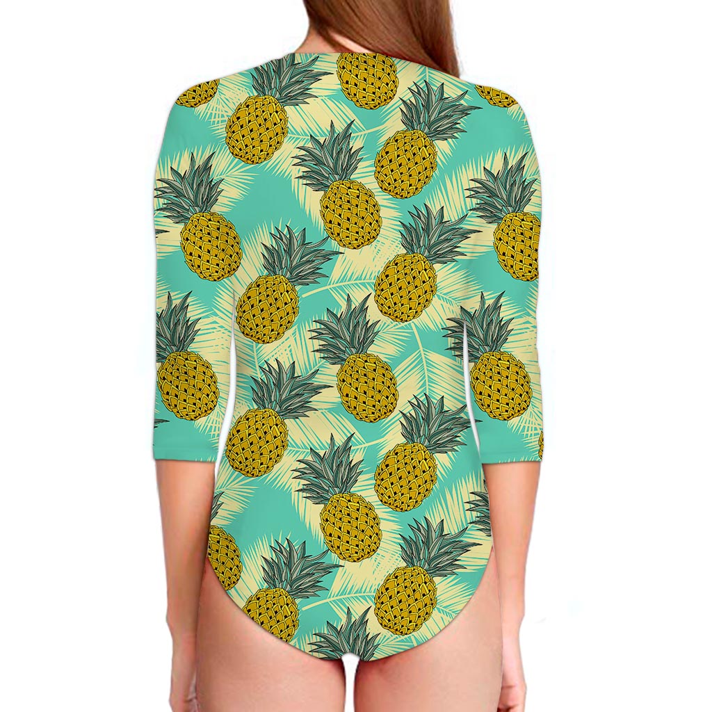 Tropical Vintage Pineapple Pattern Print Long Sleeve Swimsuit