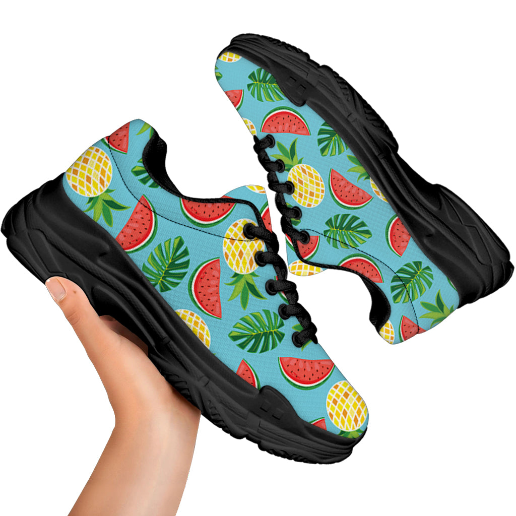 Tropical Watermelon And Pineapple Print Black Chunky Shoes