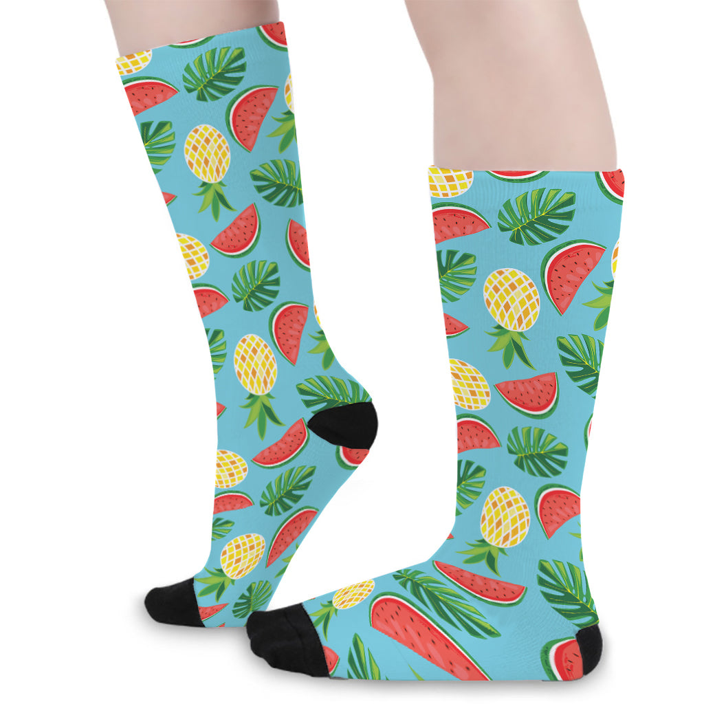 Tropical Watermelon And Pineapple Print Long Socks