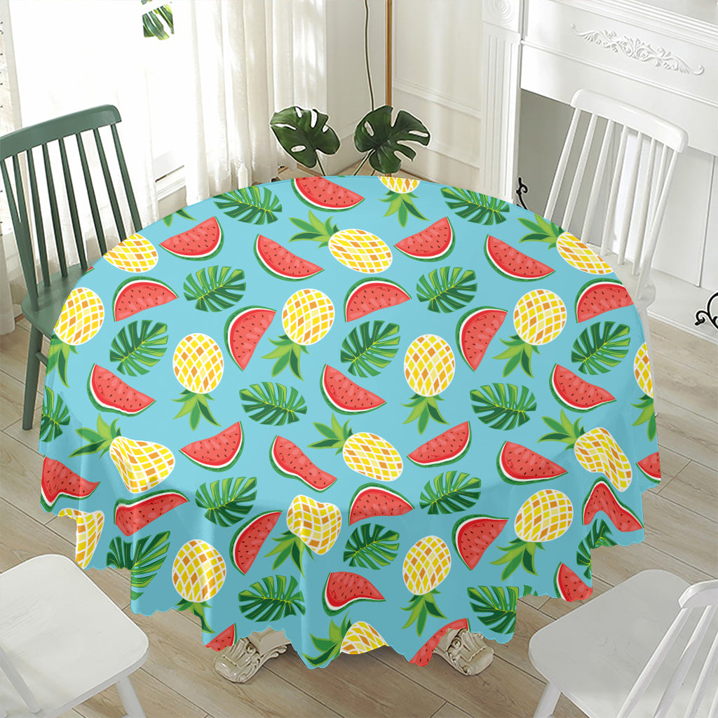 Tropical Watermelon And Pineapple Print Waterproof Round Tablecloth