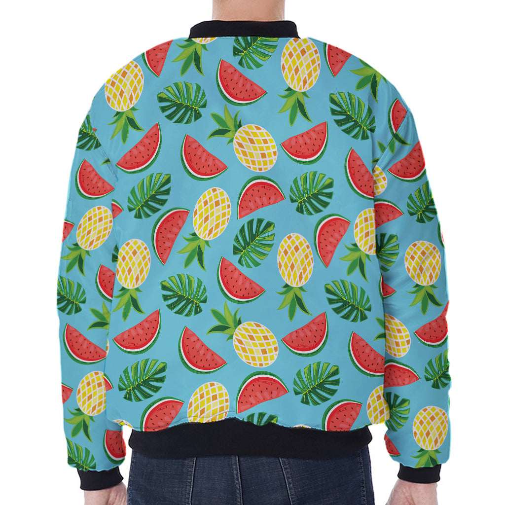 Tropical Watermelon And Pineapple Print Zip Sleeve Bomber Jacket