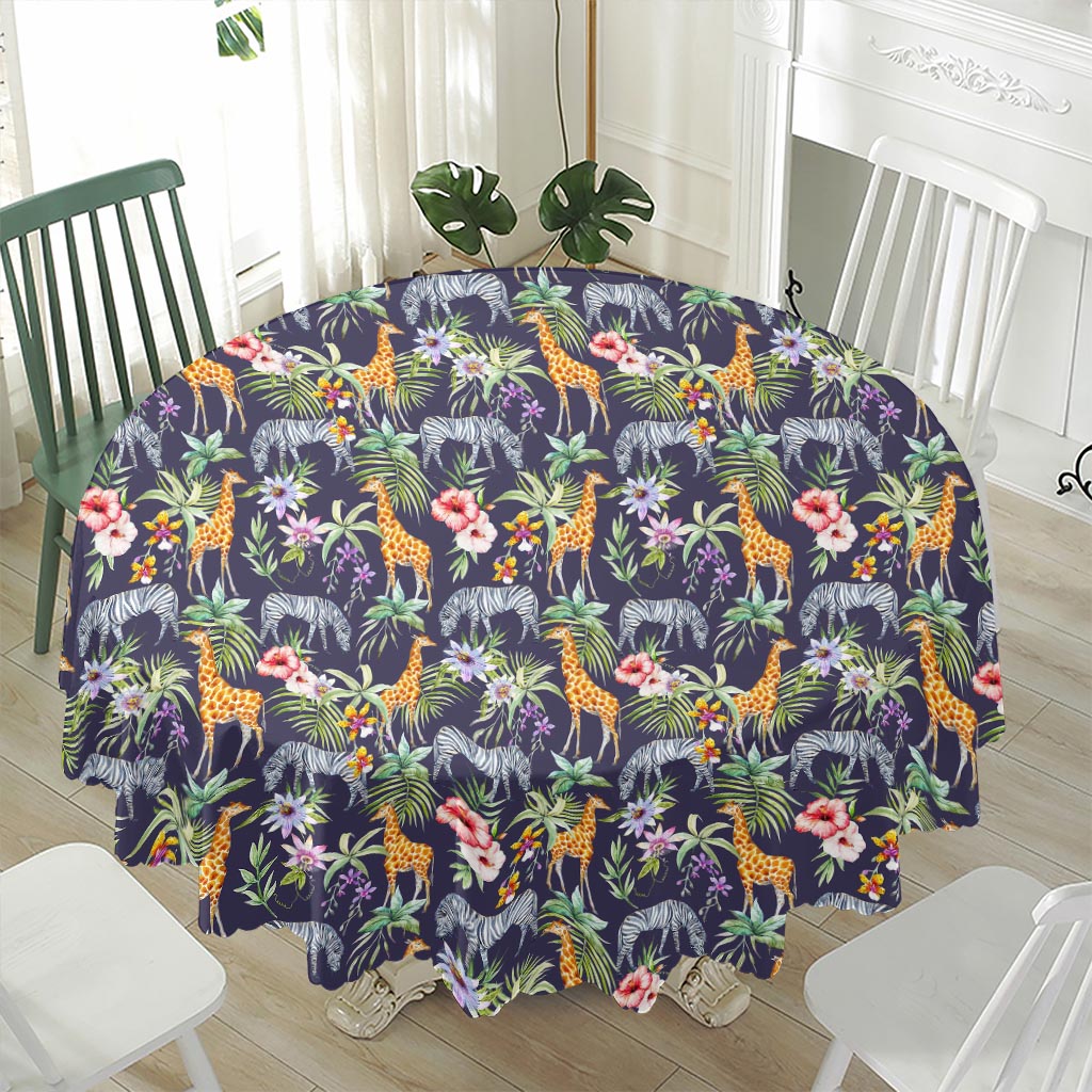 Tropical Zebra Giraffe Pattern Print Waterproof Round Tablecloth